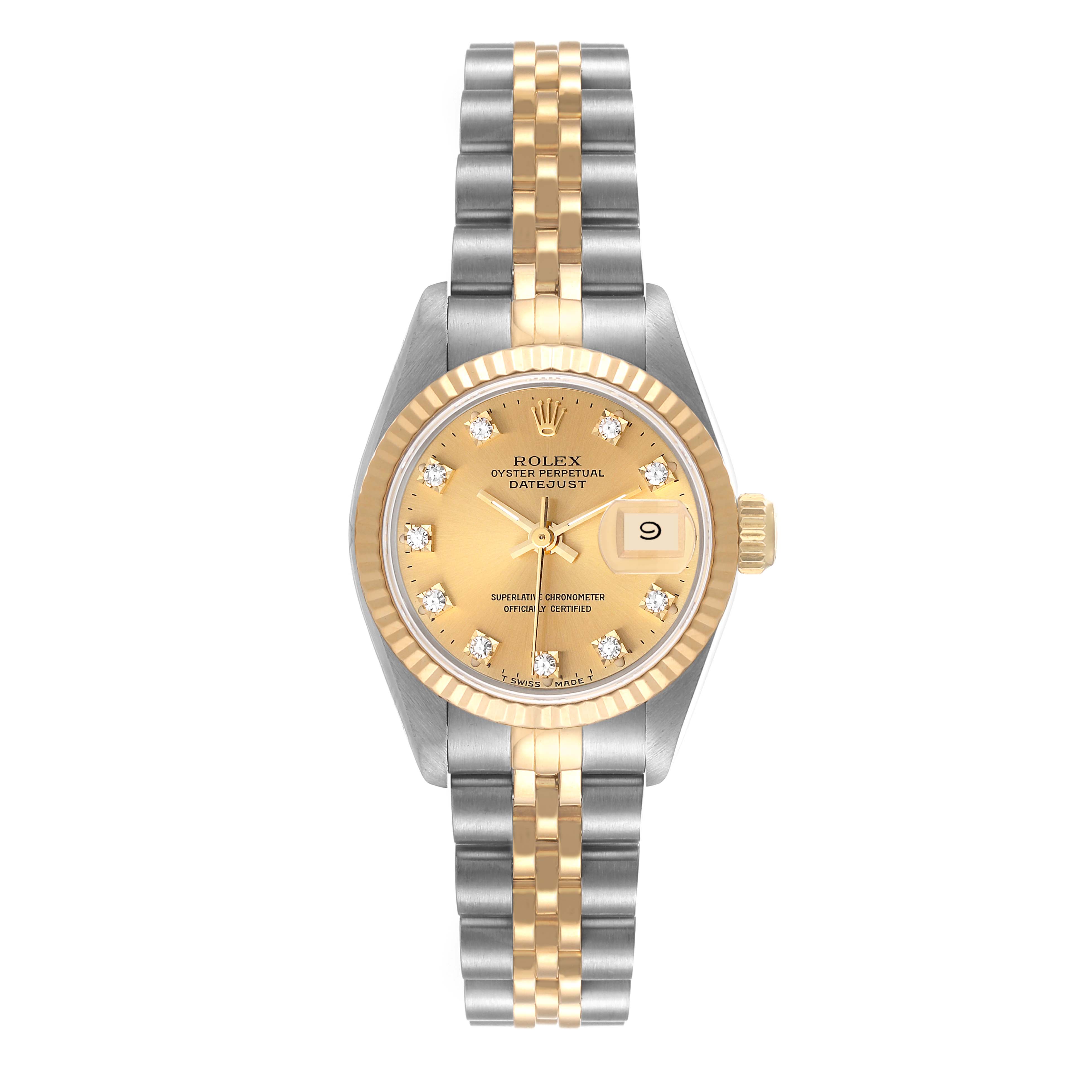The image shows a front view of a Rolex Datejust 69173 Women's Steel and Gold (two tone) Champagne Dial 69173 Women's Steel and Gold (two tone) Champagne Dial watch with a two-tone gold and silver bracelet and a gold dial.