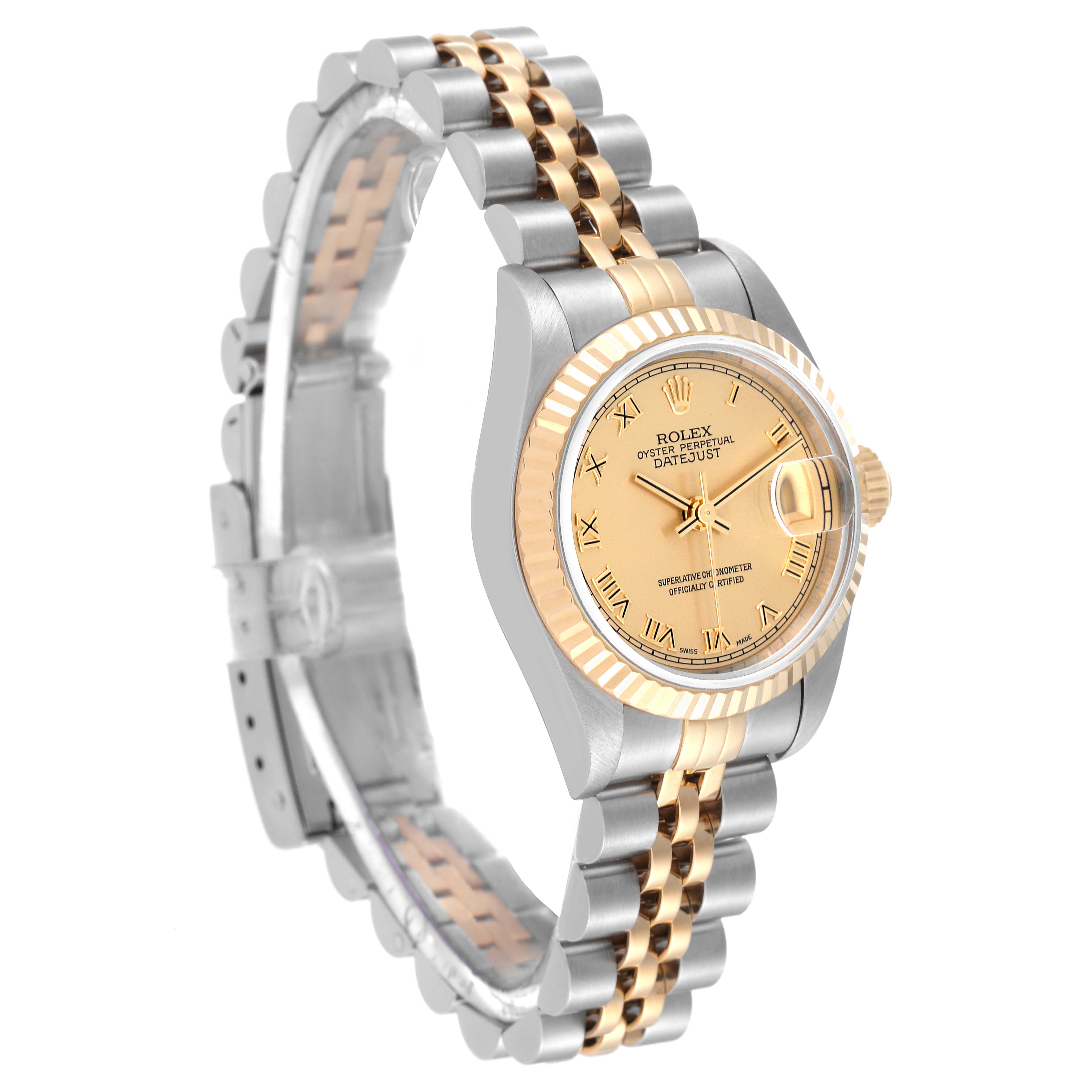 The Rolex Datejust 69173 Women's Steel and Gold (two tone) Champagne Dial 69173 Women's Steel and Gold (two tone) Champagne Dial watch is shown at a slightly angled side view, highlighting the two-tone metal bracelet, bezel, and dial.