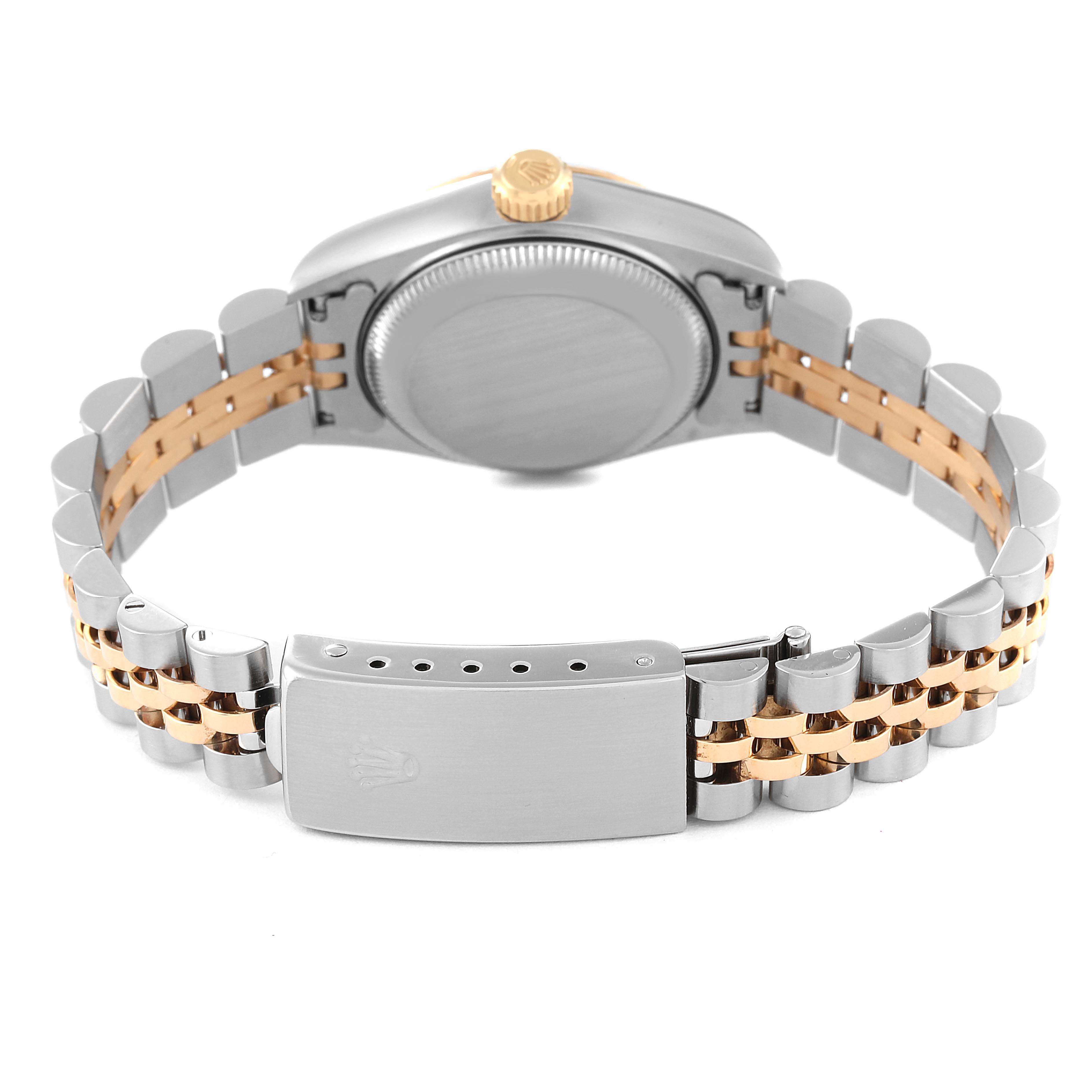 This image shows the back view of the Rolex Datejust 69173 Women's Steel and Gold (two tone) Champagne Dial 69173 Women's Steel and Gold (two tone) Champagne Dial watch, highlighting the clasp, band, and case back.