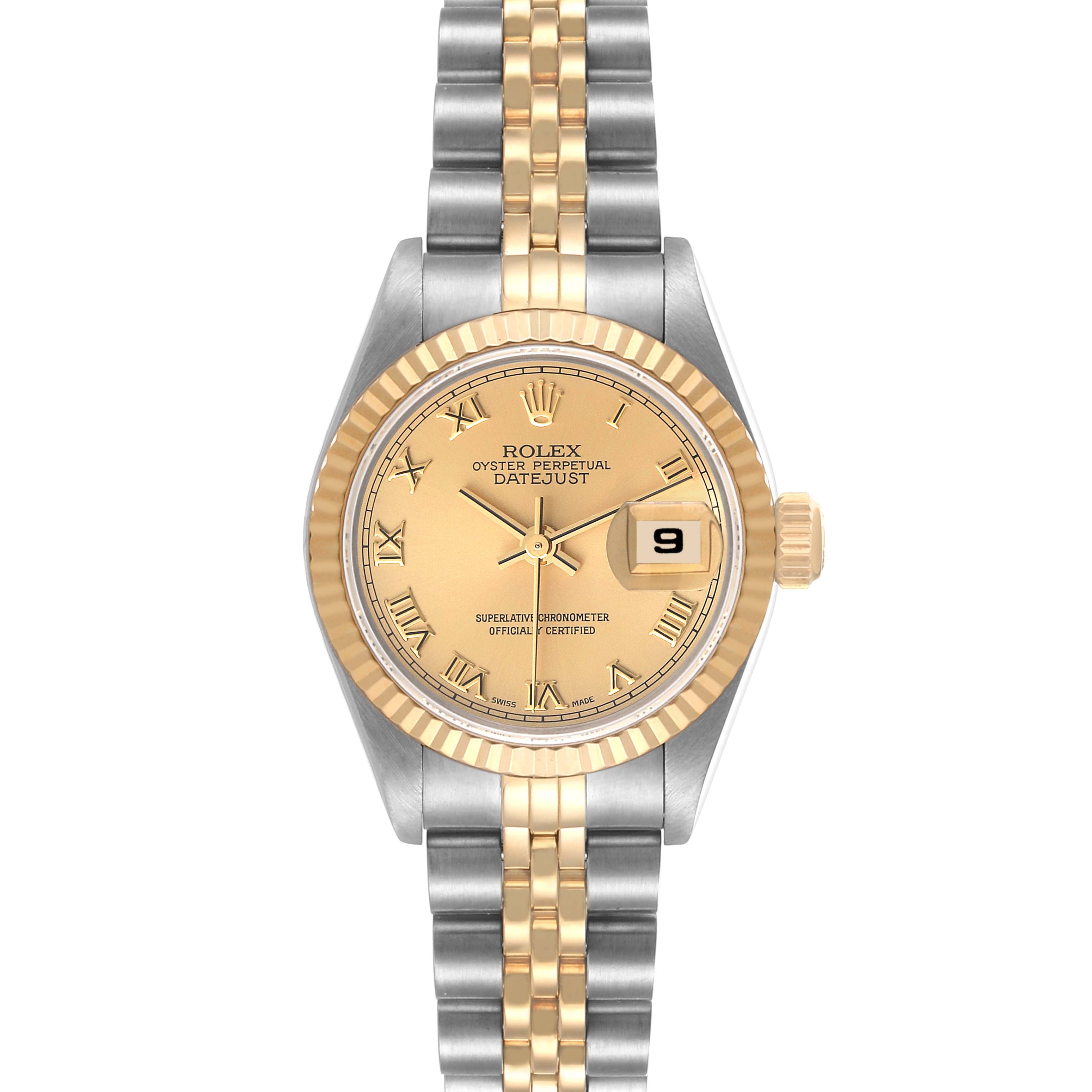 The Rolex Datejust 69173 Women's Steel and Gold (two tone) Champagne Dial 69173 Women's Steel and Gold (two tone) Champagne Dial watch is shown from the front, displaying its dial, bezel, crown, and jubilee bracelet.