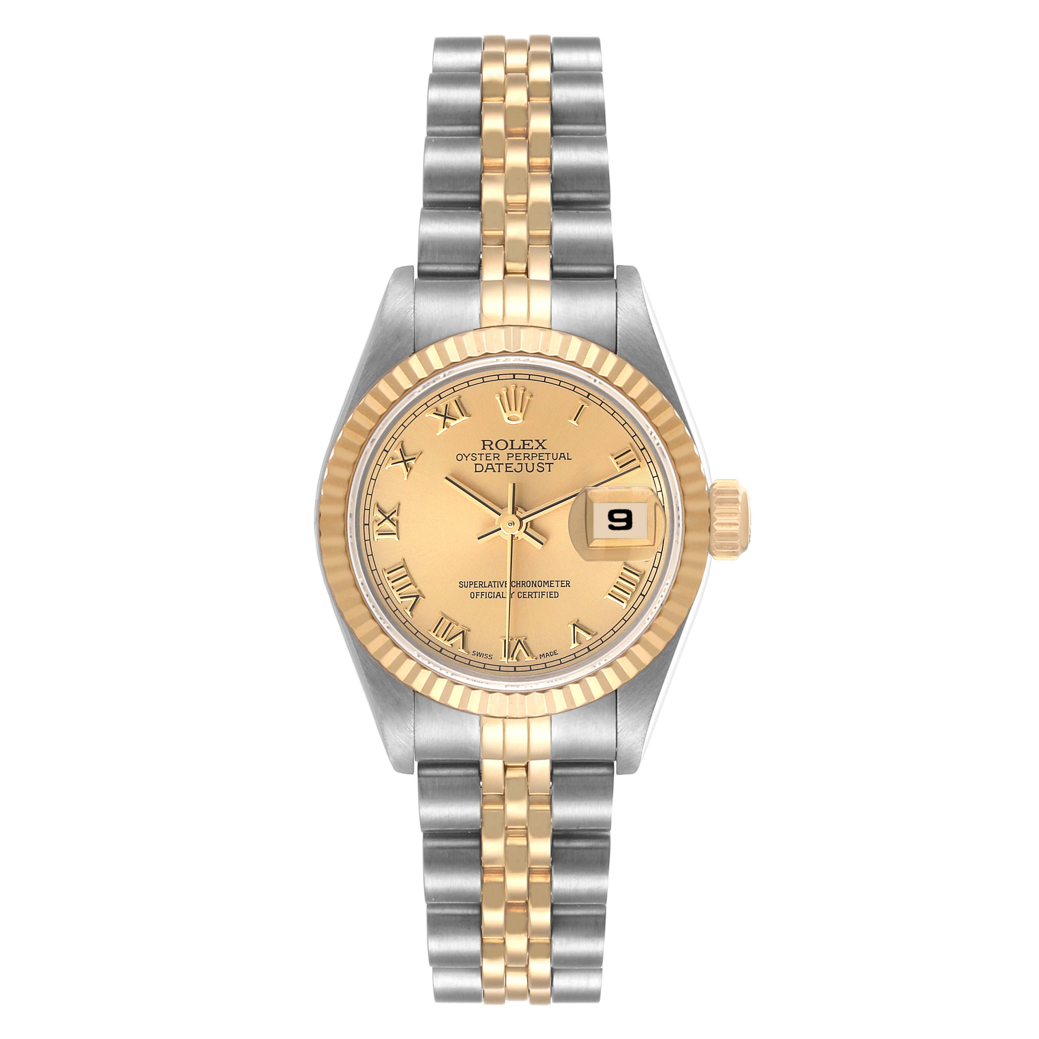 This image shows a frontal view of the Rolex Datejust 69173 Women's Steel and Gold (two tone) Champagne Dial 69173 Women's Steel and Gold (two tone) Champagne Dial watch, displaying the dial, bezel, and two-tone bracelet.