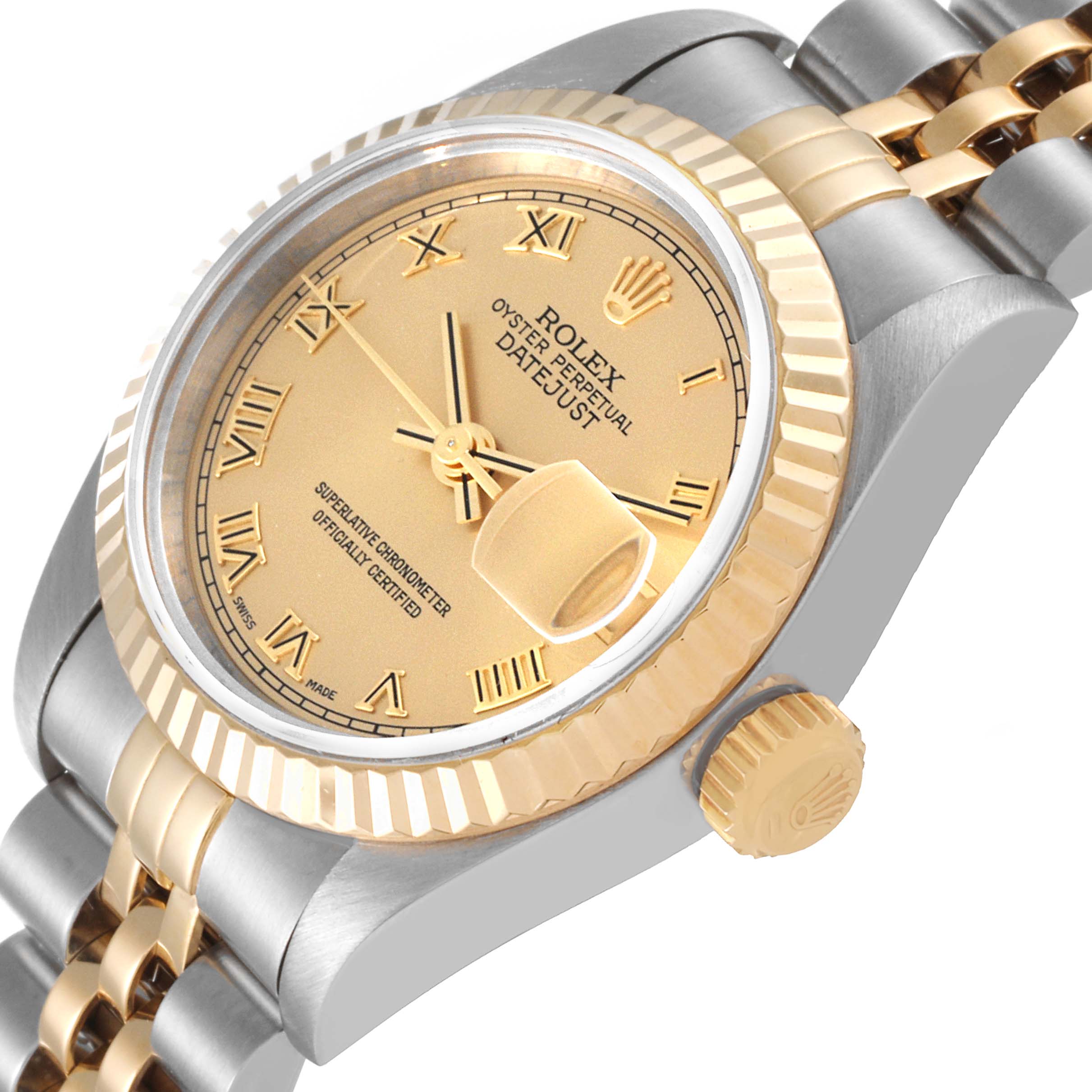 The image shows the Rolex Datejust 69173 Women's Steel and Gold (two tone) Champagne Dial 69173 Women's Steel and Gold (two tone) Champagne Dial watch at an angled view, highlighting the bezel, dial, crown, and part of the bracelet.