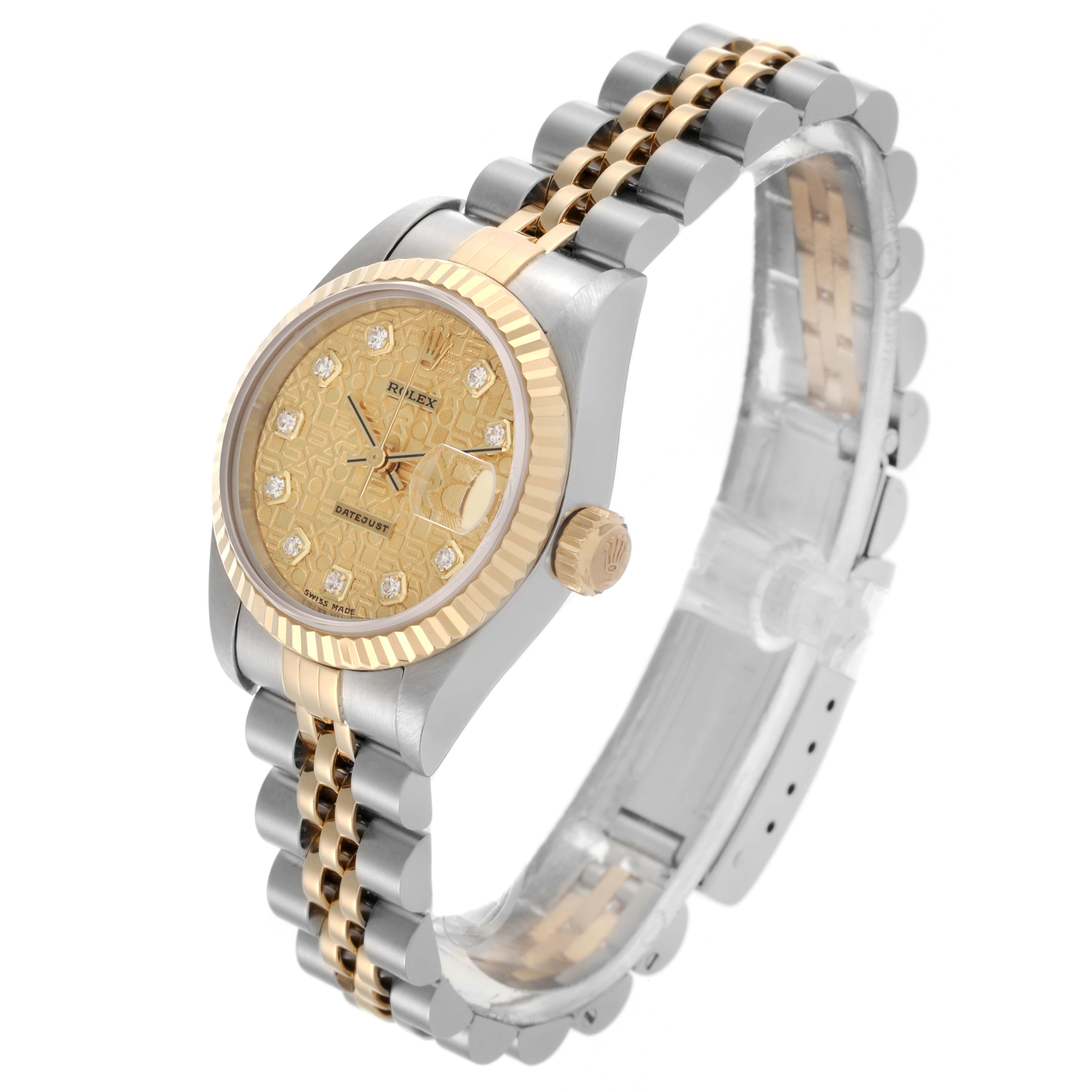 The Rolex Datejust 69173 Women's Steel and Gold (two tone) Champagne Dial 69173 Women's Steel and Gold (two tone) Champagne Dial watch is shown at an angled view highlighting its gold dial, bezel, crown, and two-tone bracelet.