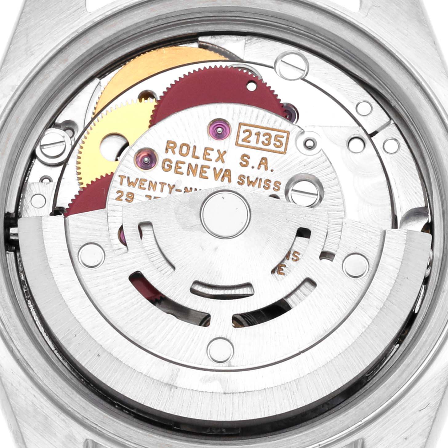 The image shows the movement of a Rolex Datejust 69173 Women's Steel and Gold (two tone) Champagne Dial 69173 Women's Steel and Gold (two tone) Champagne Dial watch, viewed from the back, highlighting gears and rotors.