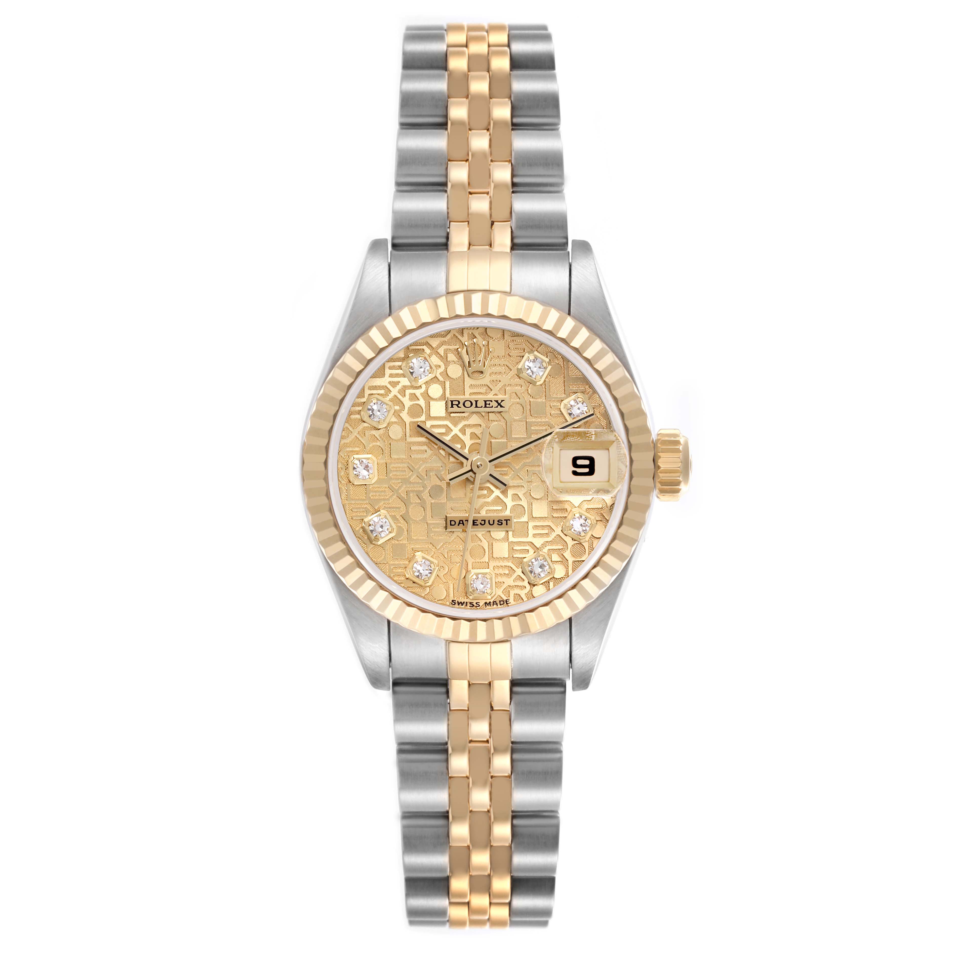 The Rolex Datejust 69173 Women's Steel and Gold (two tone) Champagne Dial 69173 Women's Steel and Gold (two tone) Champagne Dial watch is shown from the front, displaying its gold and silver bracelet and detailed face with diamond markers.