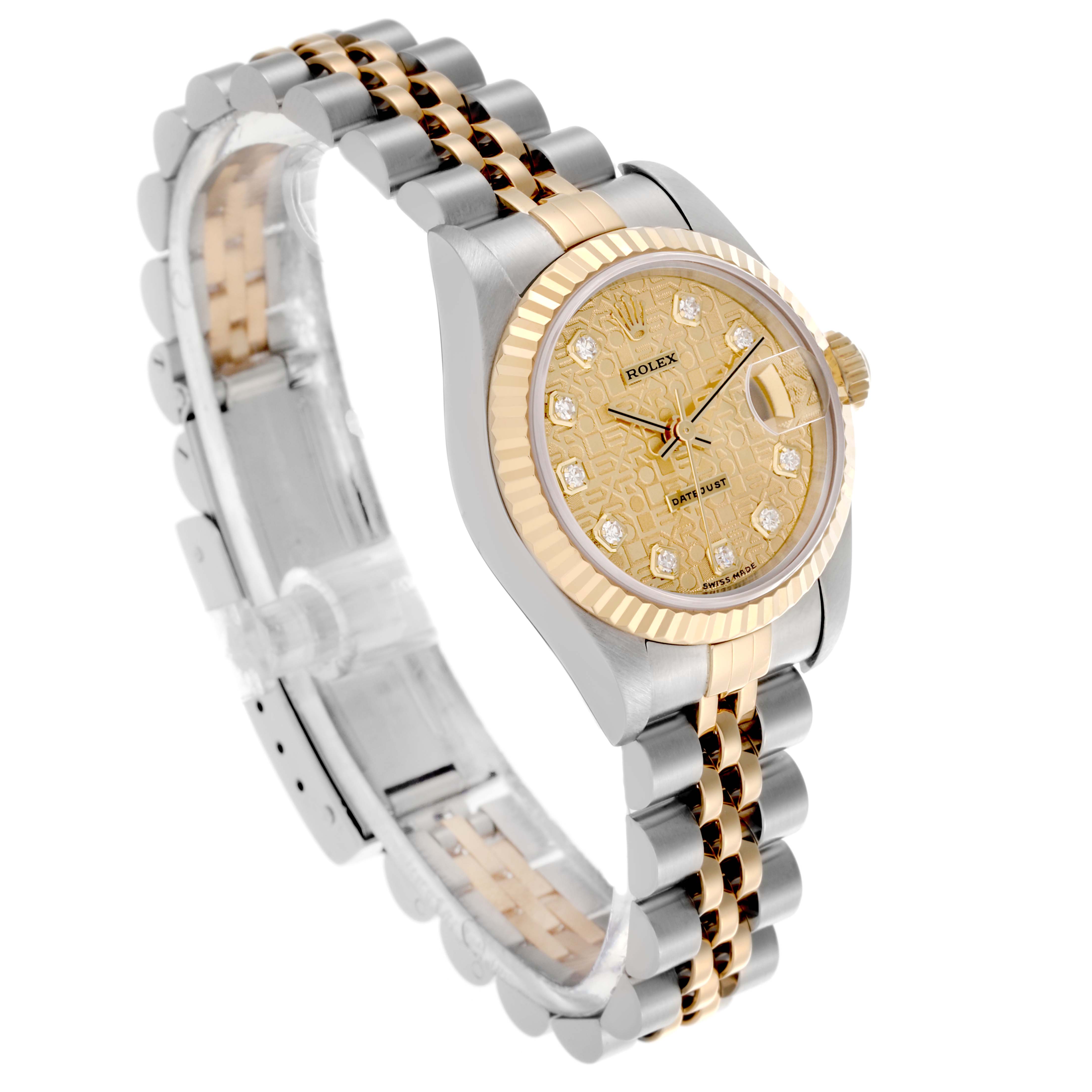 The Rolex Datejust 69173 Women's Steel and Gold (two tone) Champagne Dial 69173 Women's Steel and Gold (two tone) Champagne Dial watch is shown at a three-quarter angle, highlighting the dial, bezel, and bracelet.