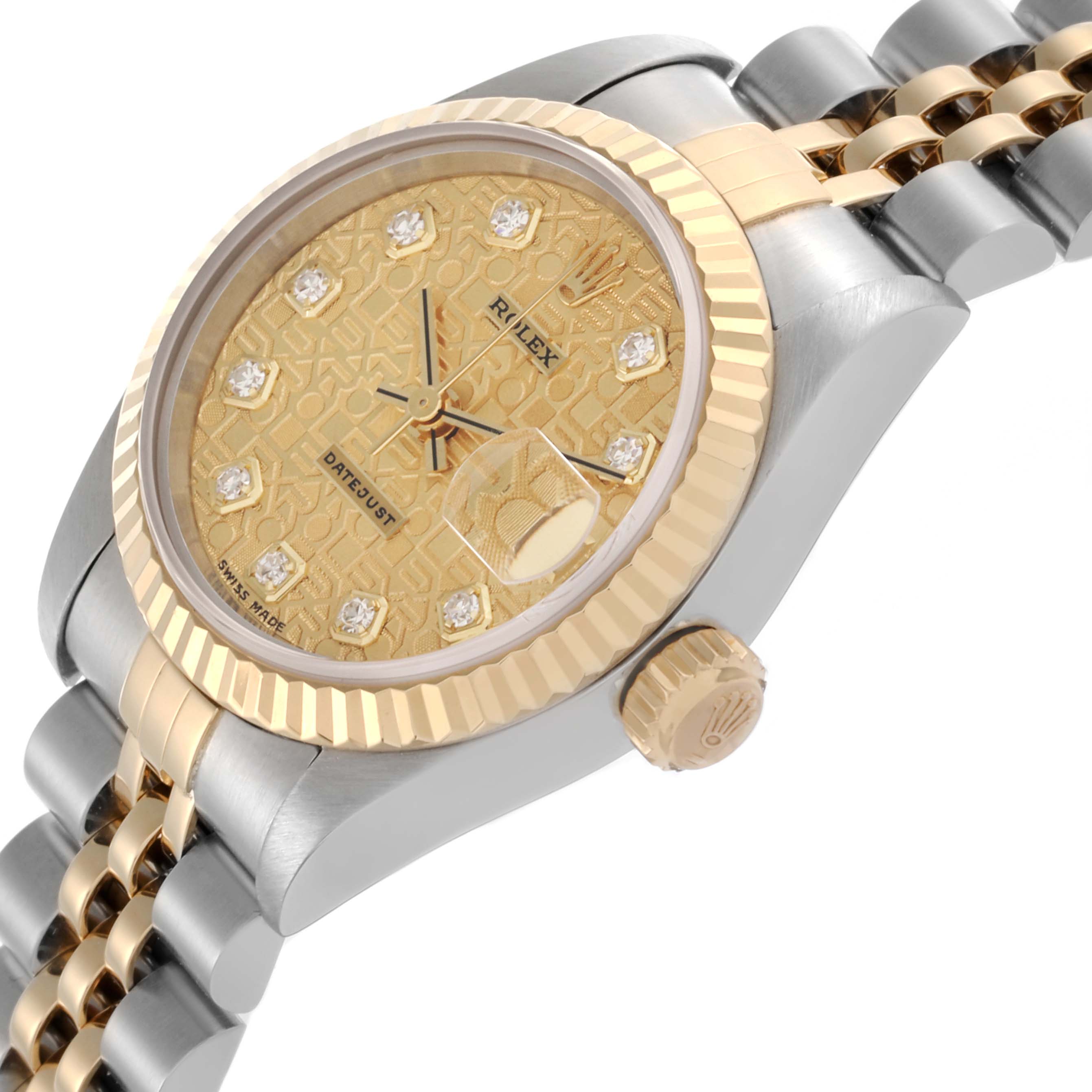 The Rolex Datejust 69173 Women's Steel and Gold (two tone) Champagne Dial 69173 Women's Steel and Gold (two tone) Champagne Dial watch is shown at a slightly tilted angle, displaying the dial, bezel, crown, and bracelet.