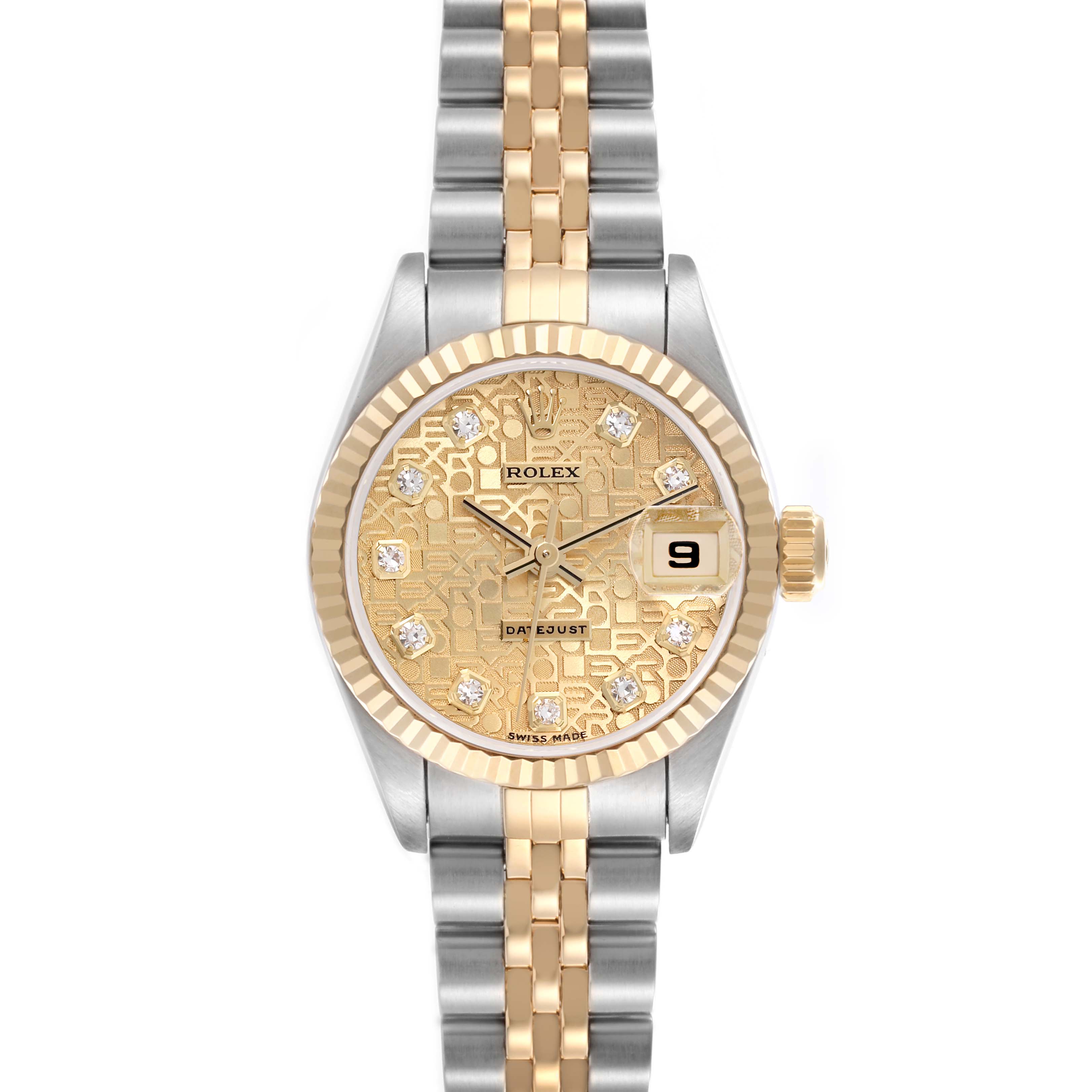 The Rolex Datejust 69173 Women's Steel and Gold (two tone) Champagne Dial 69173 Women's Steel and Gold (two tone) Champagne Dial watch is shown from a front angle, displaying the dial, bezel, and bracelet.