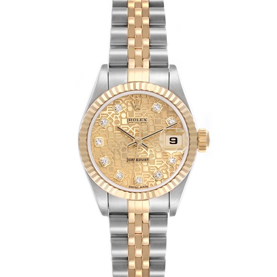 The Rolex Datejust watch is shown from a front angle, displaying the dial, bezel, and bracelet.