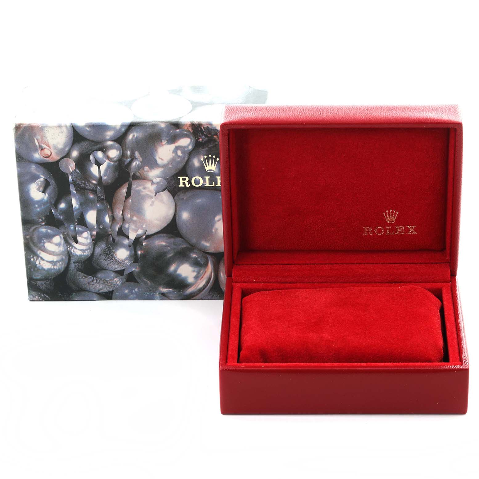 The image shows a Rolex Datejust 69173 Women's Steel and Gold (two tone) Champagne Dial 69173 Women's Steel and Gold (two tone) Champagne Dial watch's packaging with an open red velvet box and an outer decorative box.