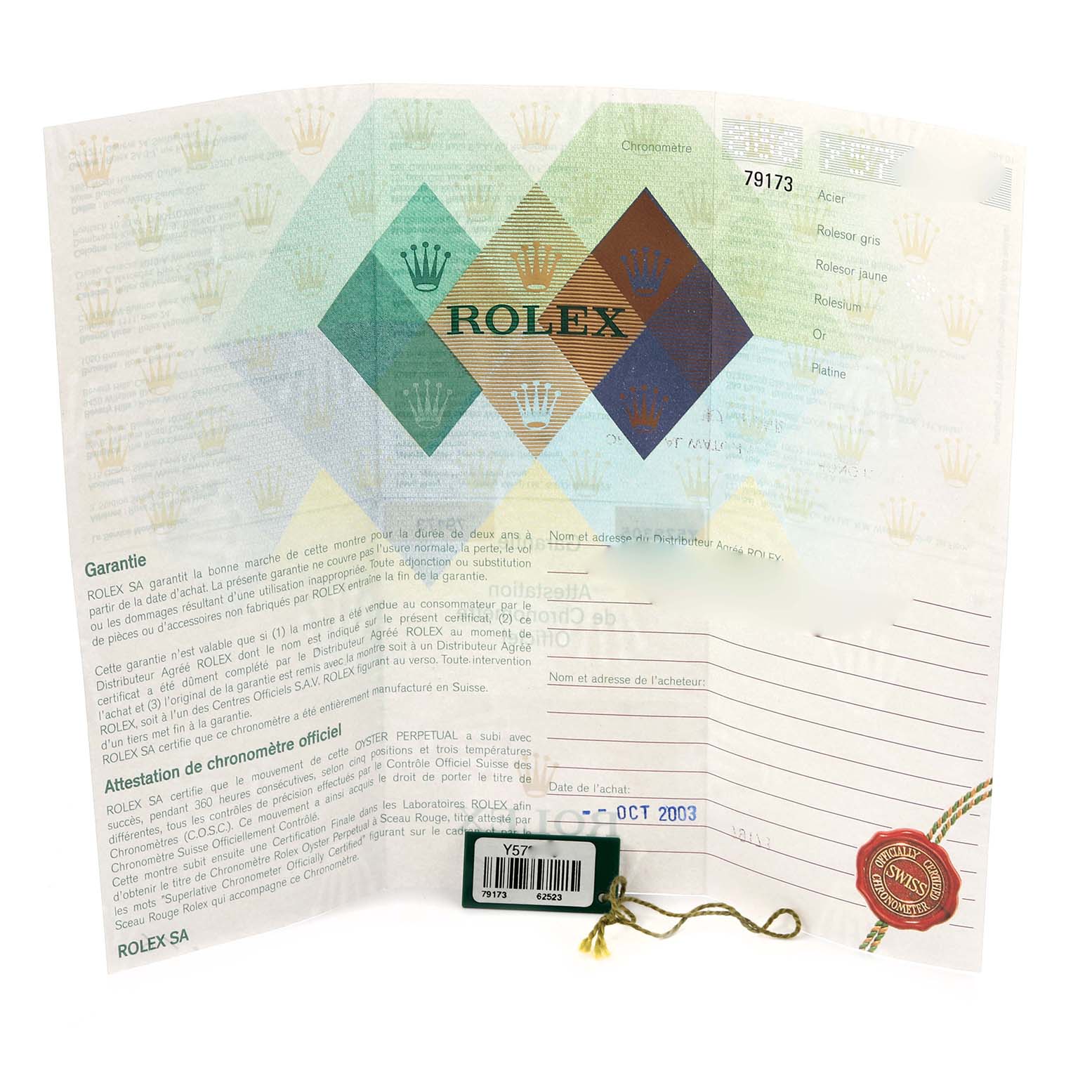 This image shows the warranty papers for a Rolex Datejust 79173 Women's Steel and Gold (two tone) Champagne Dial 79173 Women's Steel and Gold (two tone) Champagne Dial watch, including authenticity details and a tag.