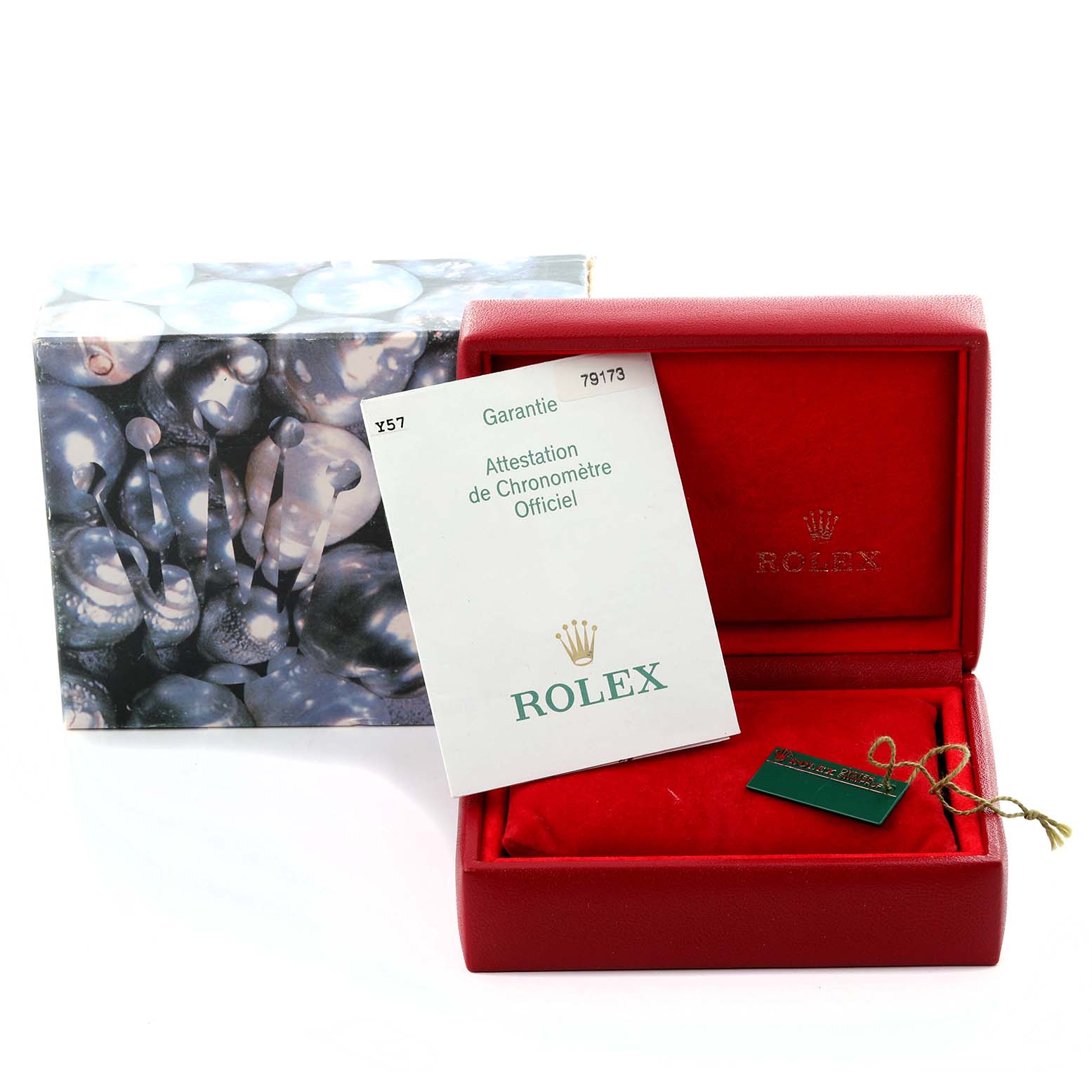 The image shows a Rolex Datejust 79173 Women's Steel and Gold (two tone) Champagne Dial 79173 Women's Steel and Gold (two tone) Champagne Dial box, warranty card, and packaging at a frontal angle.