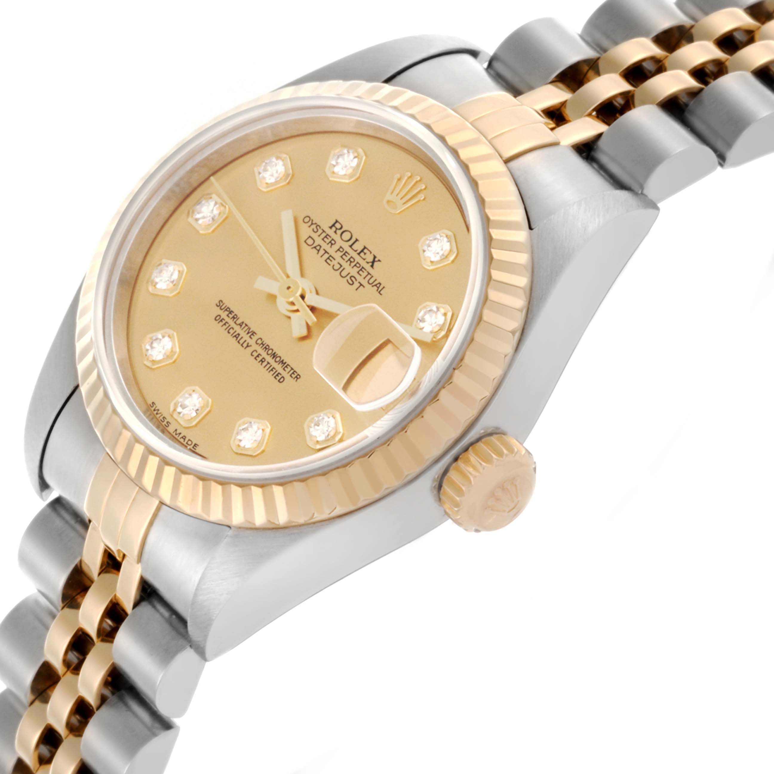 The Rolex Datejust 79173 Women's Steel and Gold (two tone) Champagne Dial 79173 Women's Steel and Gold (two tone) Champagne Dial watch is shown from a three-quarter angle, displaying the face, bezel, crown, and bracelet.