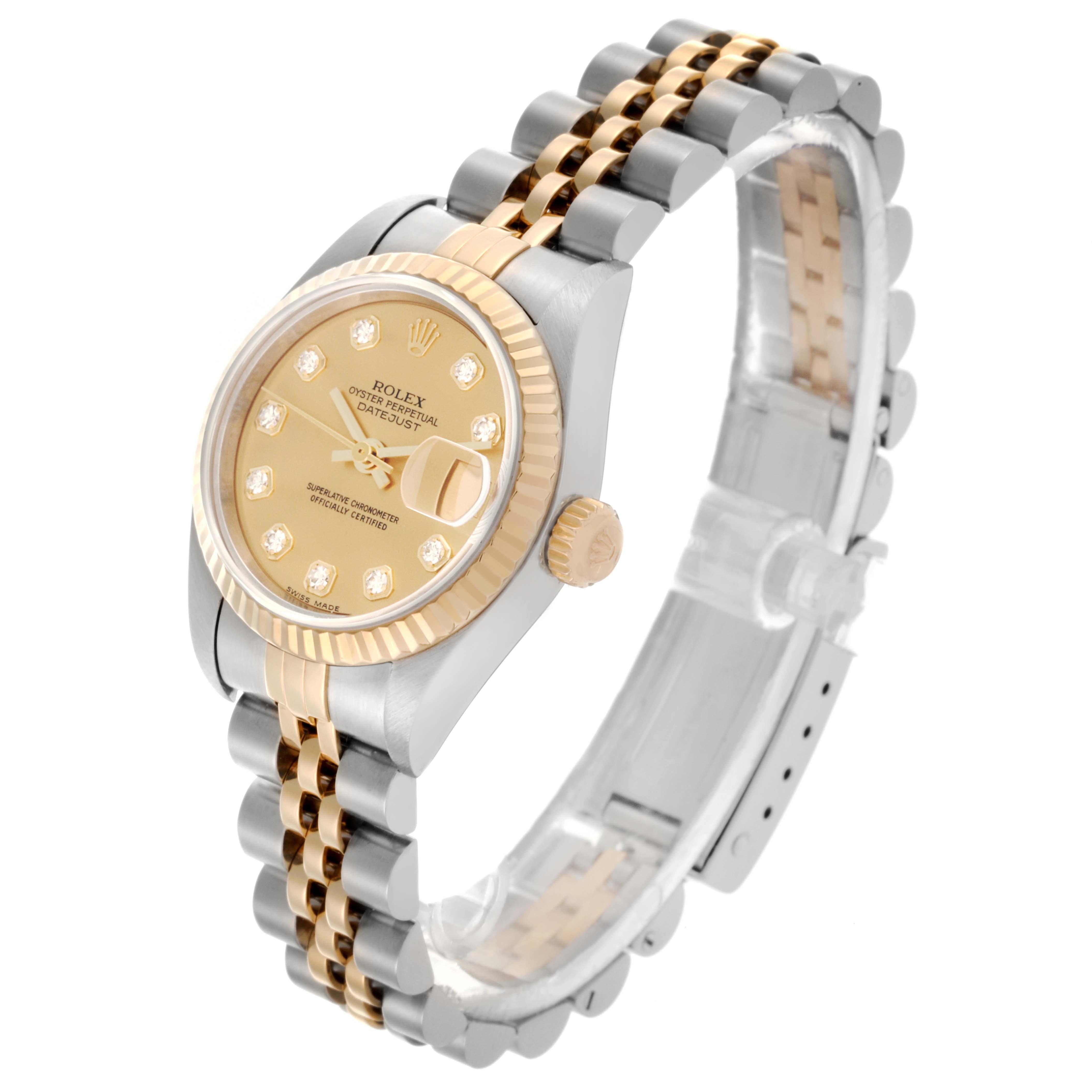 The Rolex Datejust 79173 Women's Steel and Gold (two tone) Champagne Dial 79173 Women's Steel and Gold (two tone) Champagne Dial watch is shown at a three-quarter angle, displaying the gold dial, fluted bezel, and jubilee bracelet.