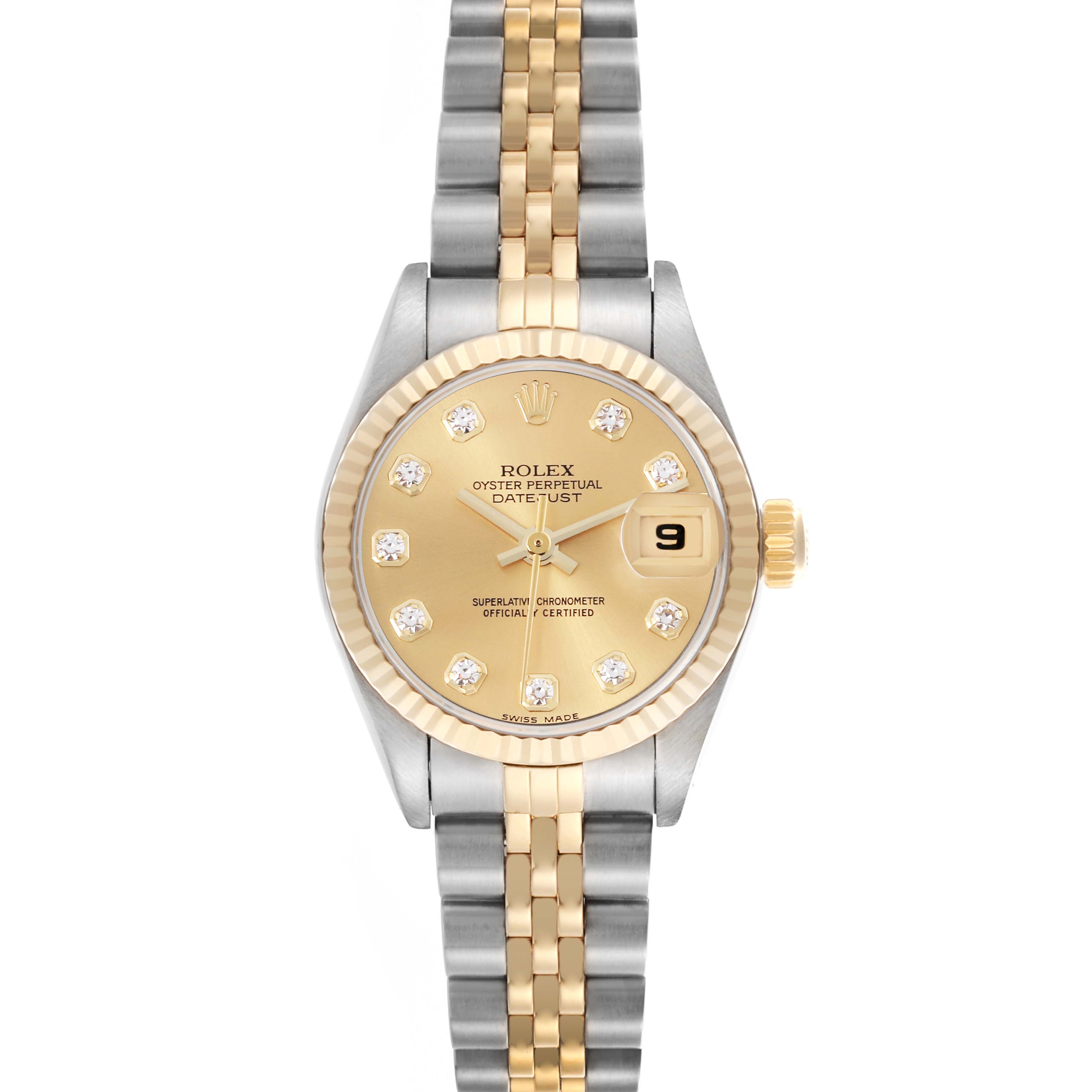 The Rolex Datejust 79173 Women's Steel and Gold (two tone) Champagne Dial 79173 Women's Steel and Gold (two tone) Champagne Dial watch is shown from a top view, highlighting the dial, fluted bezel, and two-tone bracelet.