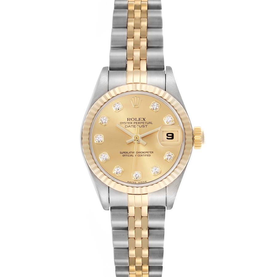 The Rolex Datejust watch is shown from a top view, highlighting the dial, fluted bezel, and two-tone bracelet.