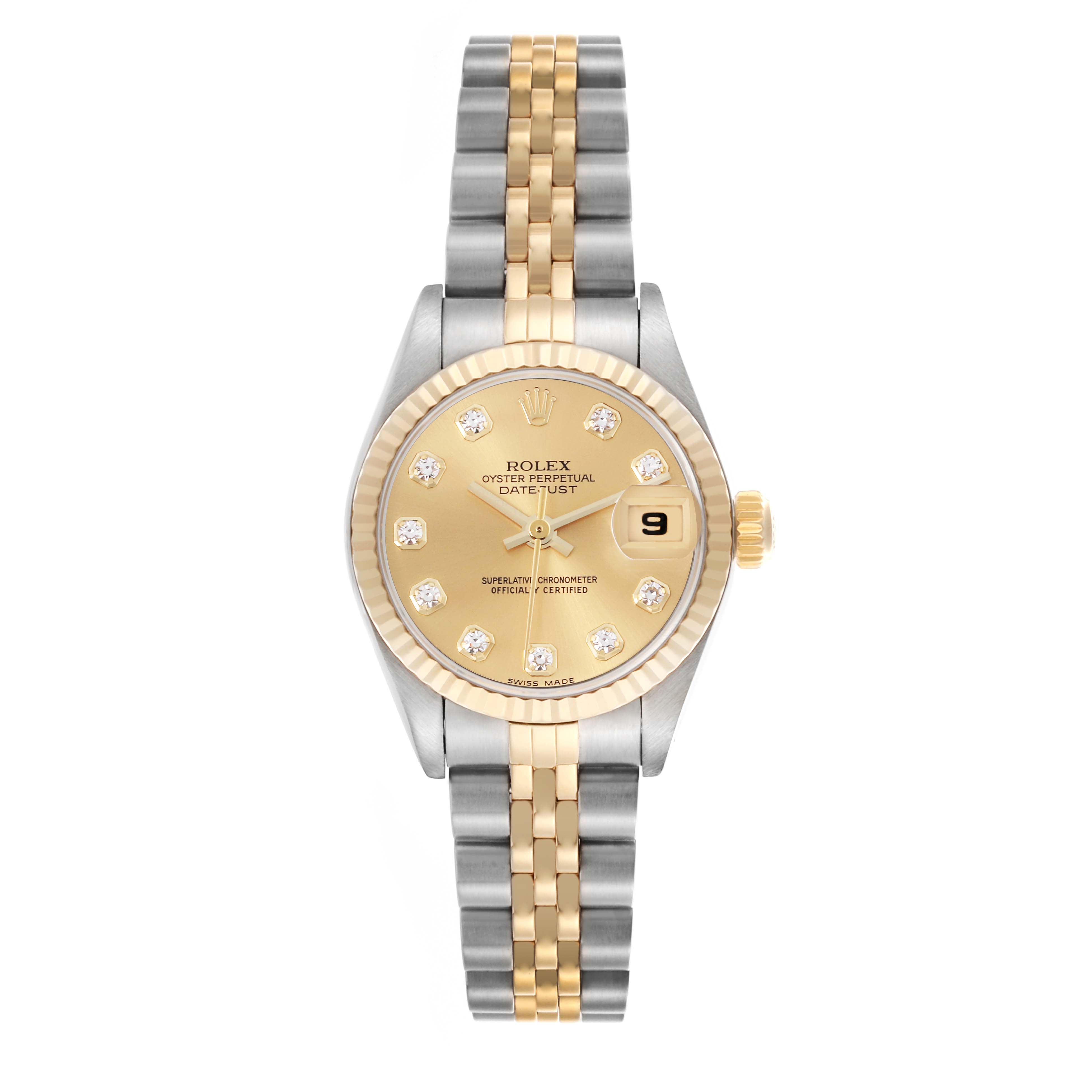 The Rolex Datejust 79173 Women's Steel and Gold (two tone) Champagne Dial 79173 Women's Steel and Gold (two tone) Champagne Dial watch is shown from a top view, featuring a gold dial, fluted bezel, and two-tone Jubilee bracelet.