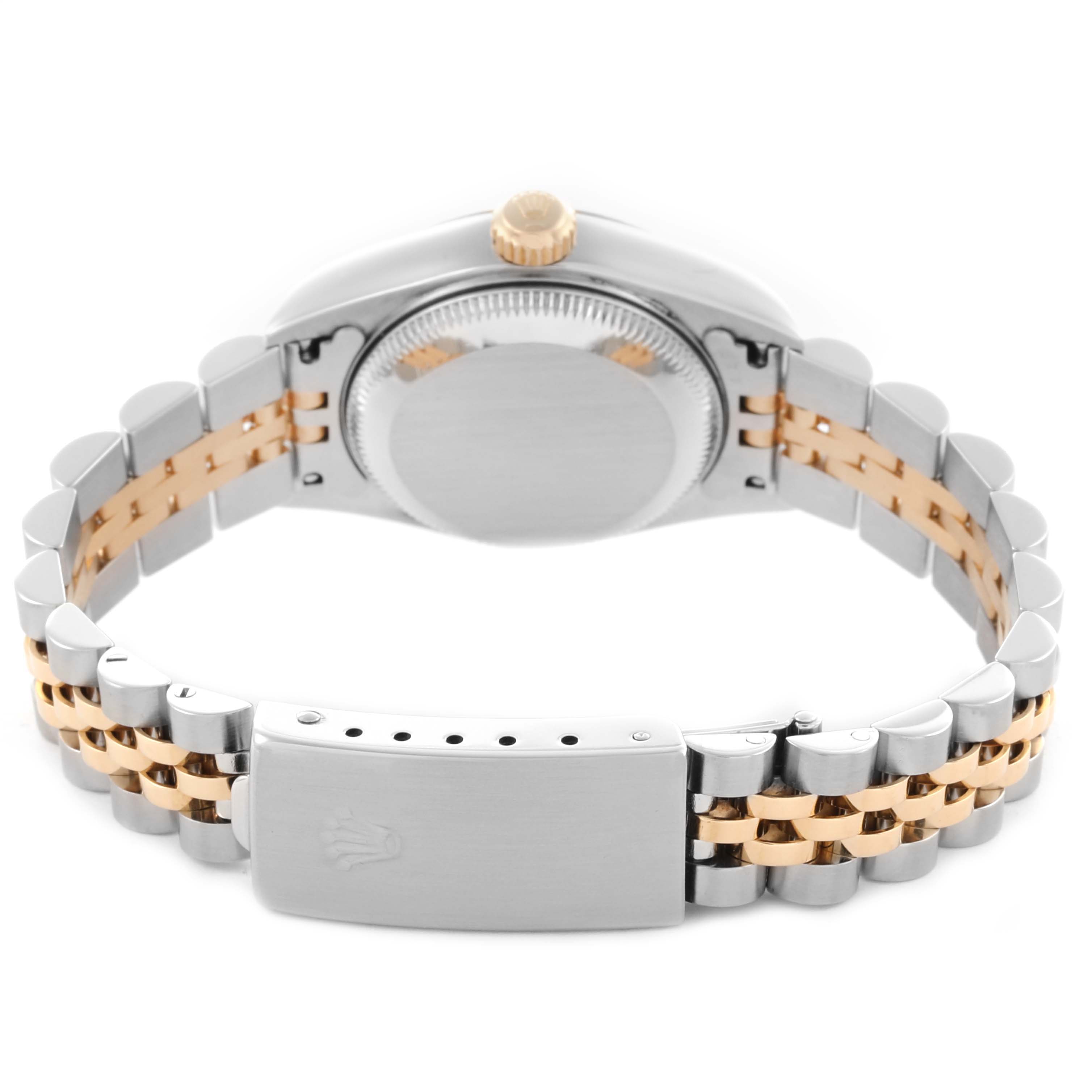The Rolex Datejust 79173 Women's Steel and Gold (two tone) Champagne Dial 79173 Women's Steel and Gold (two tone) Champagne Dial watch is shown from the back, highlighting the clasp, bracelet, and case back.
