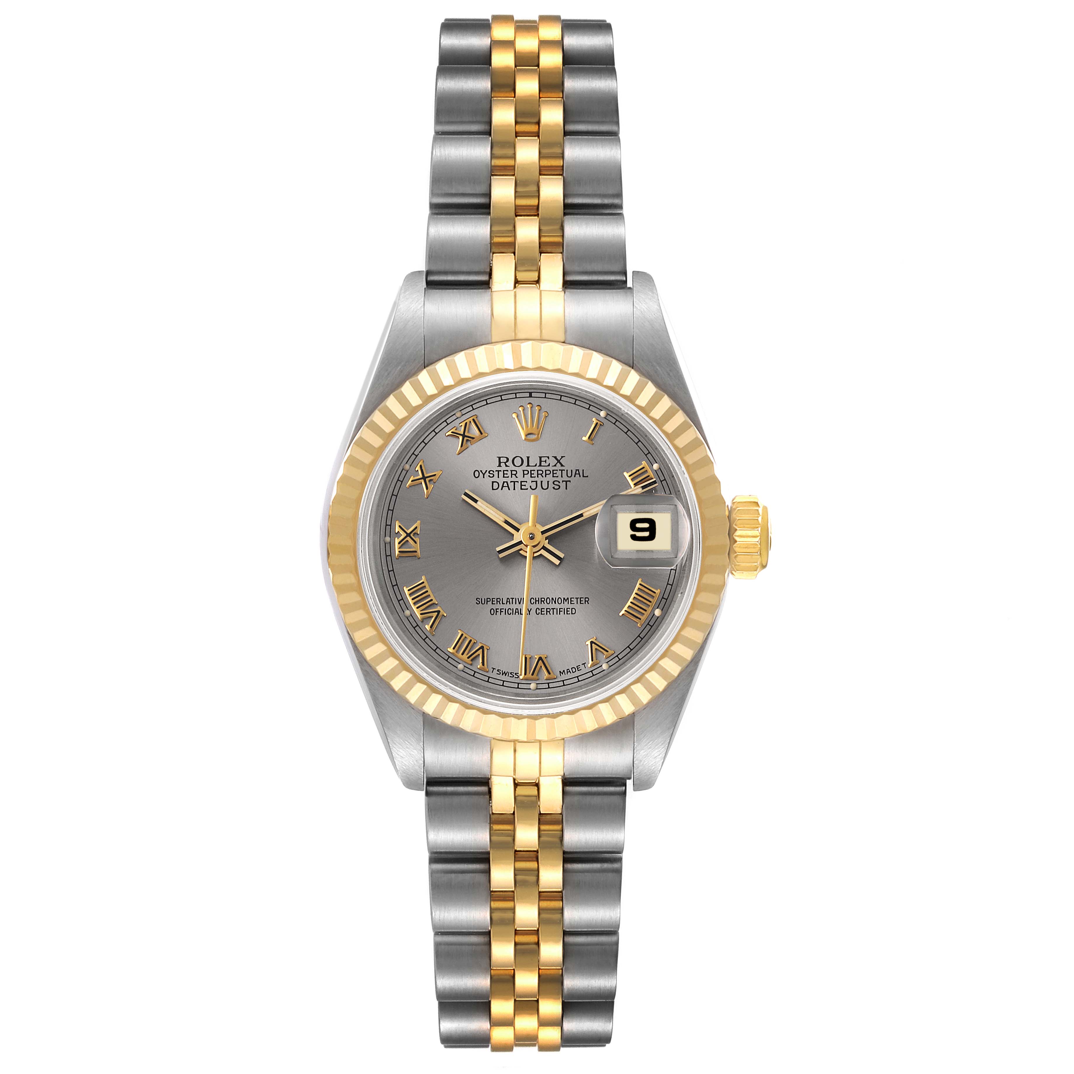 The image shows a Rolex Datejust 69173 Women's Steel and Gold (two tone) Grey Dial 69173 Women's Steel and Gold (two tone) Grey Dial watch straight-on, displaying its dial, bezel, and bracelet.