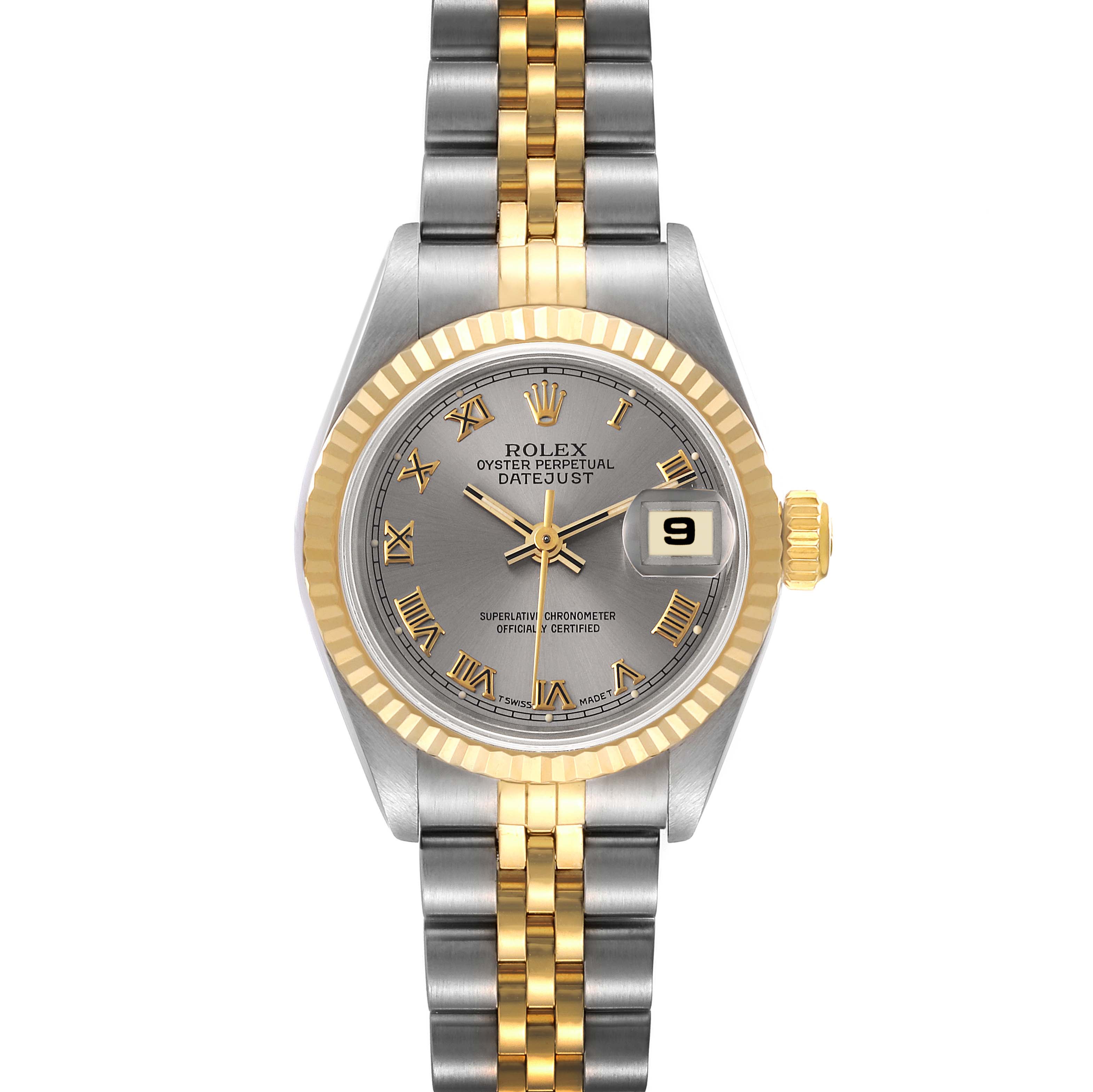 This image shows a front view of the Rolex Datejust 69173 Women's Steel and Gold (two tone) Grey Dial 69173 Women's Steel and Gold (two tone) Grey Dial watch, displaying its dial, bezel, and bracelet.