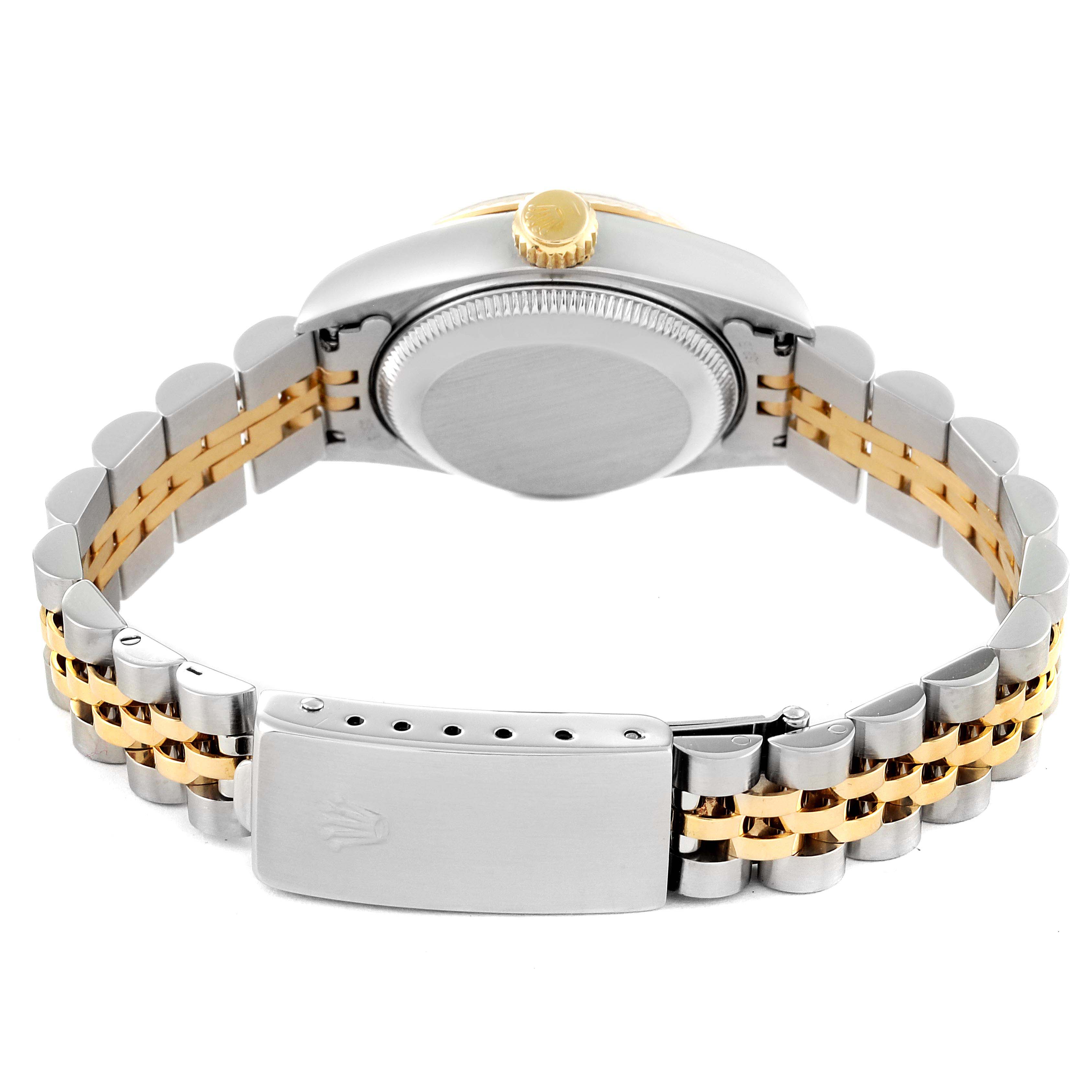 The image shows the back view of a Rolex Datejust 69173 Women's Steel and Gold (two tone) Grey Dial 69173 Women's Steel and Gold (two tone) Grey Dial watch, highlighting the clasp, bracelet, case back, and crown.