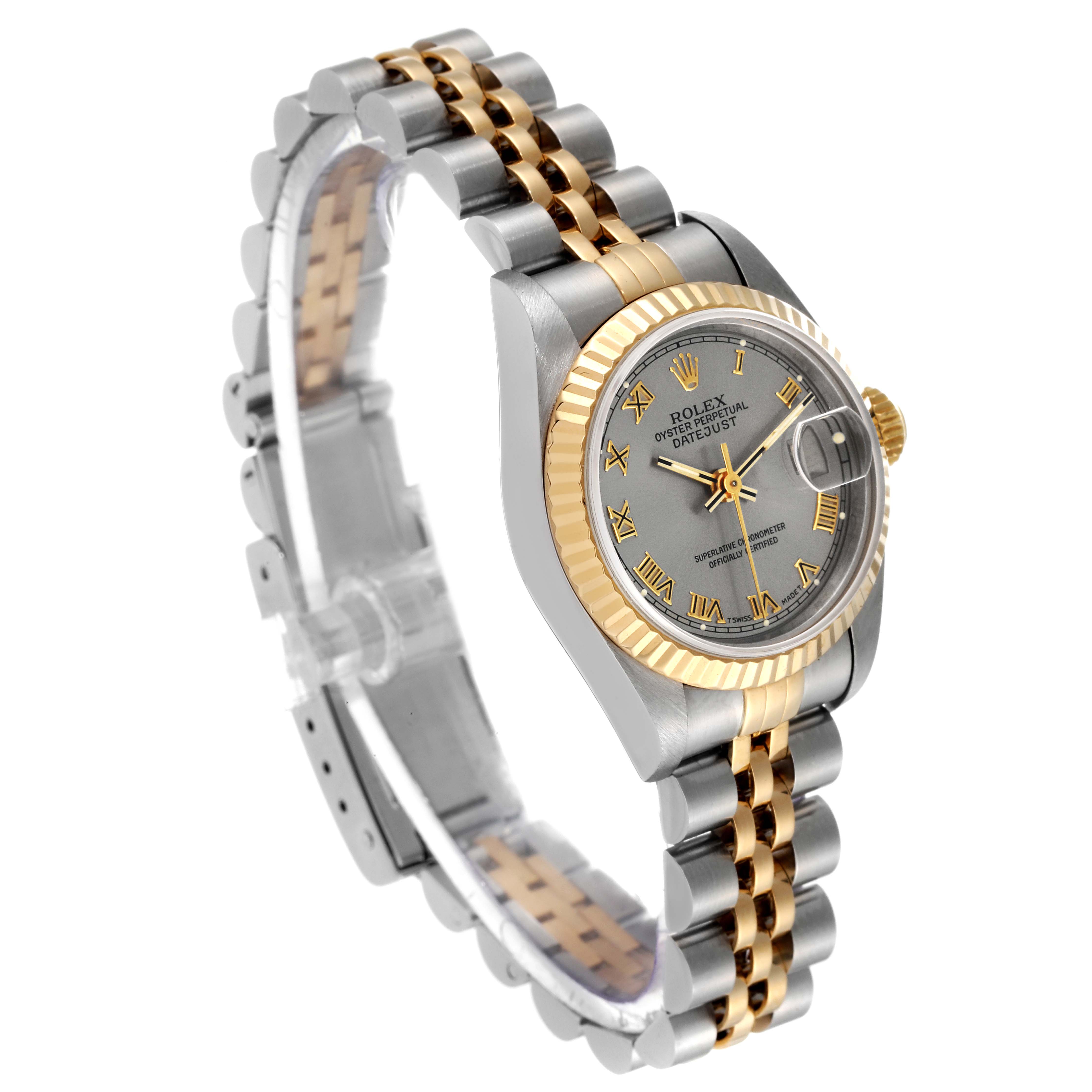 This image shows a Rolex Datejust 69173 Women's Steel and Gold (two tone) Grey Dial 69173 Women's Steel and Gold (two tone) Grey Dial watch at a three-quarter angle, highlighting the dial, fluted bezel, and Jubilee bracelet.