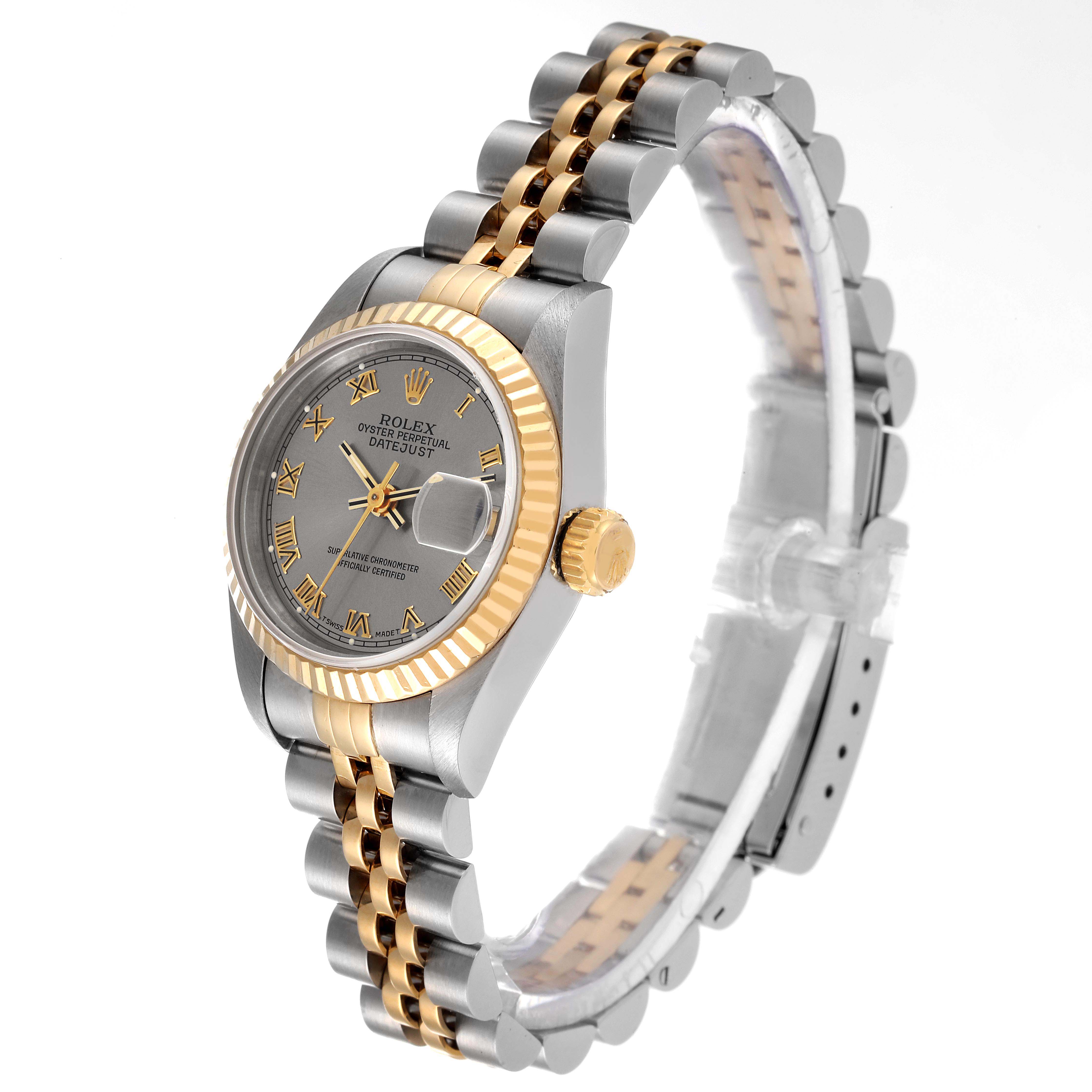 The image shows a Rolex Datejust 69173 Women's Steel and Gold (two tone) Grey Dial 69173 Women's Steel and Gold (two tone) Grey Dial watch at a slight angle, displaying the face, crown, and two-tone metal bracelet.