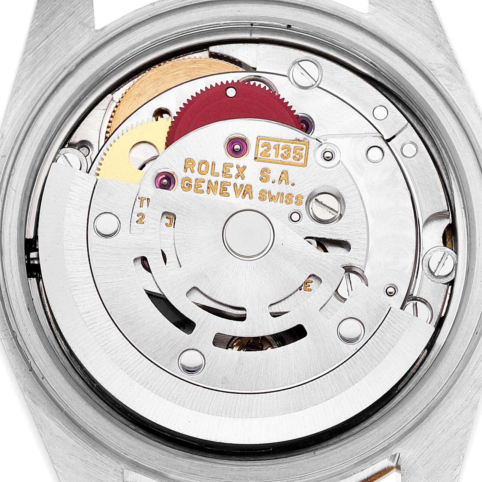 This image shows the internal movement mechanism of a Rolex Datejust 69173 Women's Steel and Gold (two tone) Grey Dial 69173 Women's Steel and Gold (two tone) Grey Dial watch from a close-up, top-down angle.