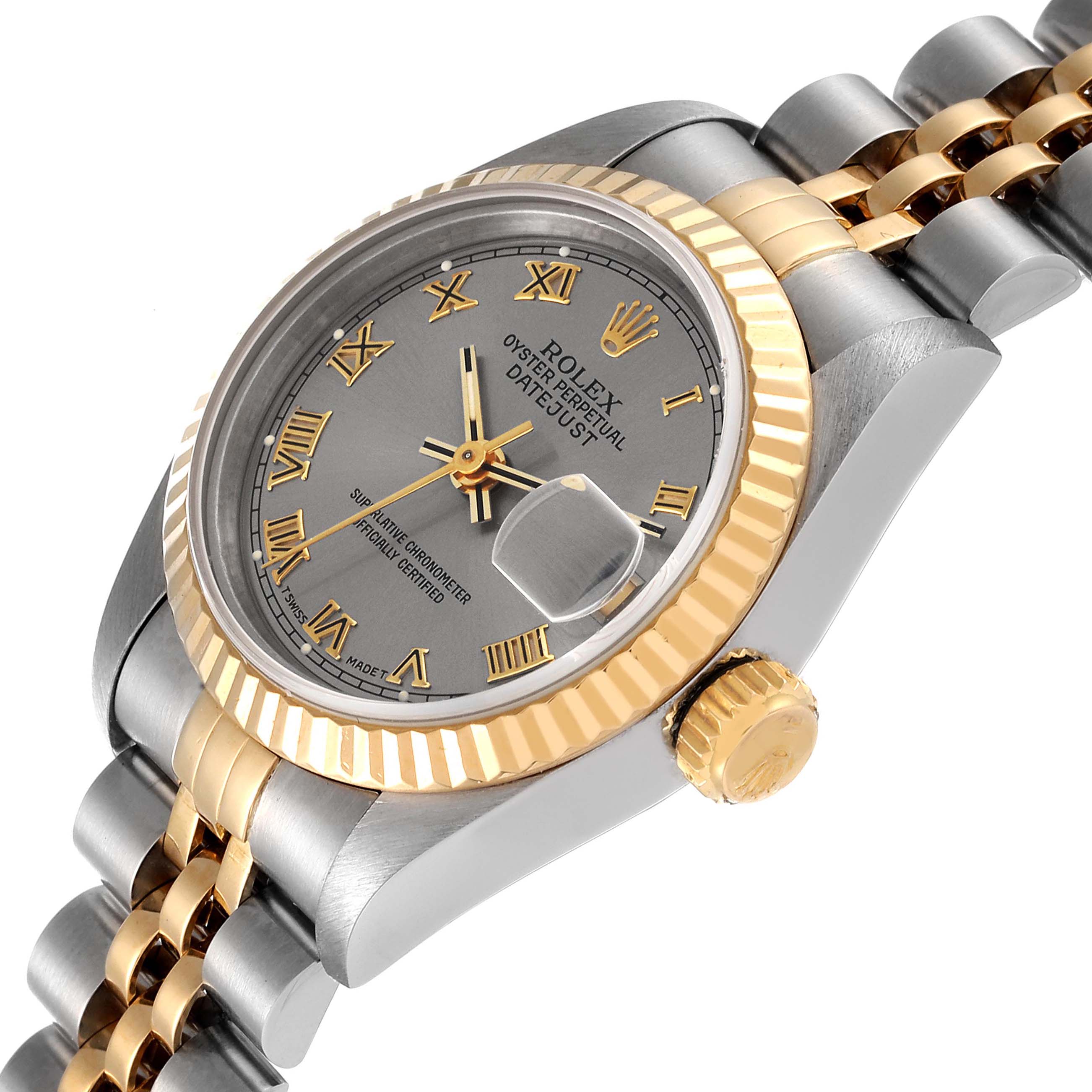 The image shows a Rolex Datejust 69173 Women's Steel and Gold (two tone) Grey Dial 69173 Women's Steel and Gold (two tone) Grey Dial watch at a slight angle, highlighting the face, bezel, crown, and part of the bracelet.