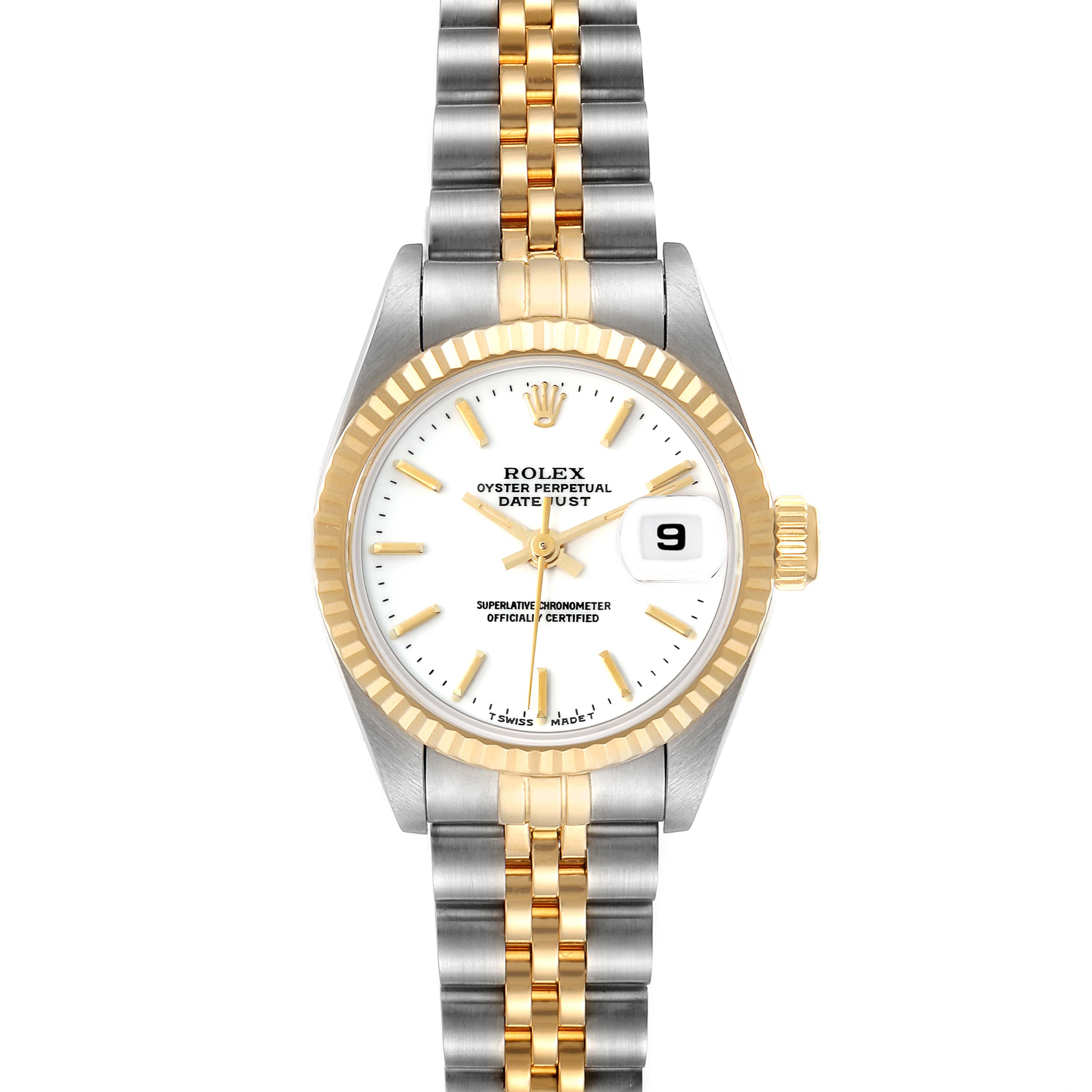 The image shows a Rolex Datejust 69173 Women's Steel and Gold (two tone) White Dial 69173 Women's Steel and Gold (two tone) White Dial watch from a front angle, displaying its two-tone bracelet, bezel, and dial with date.