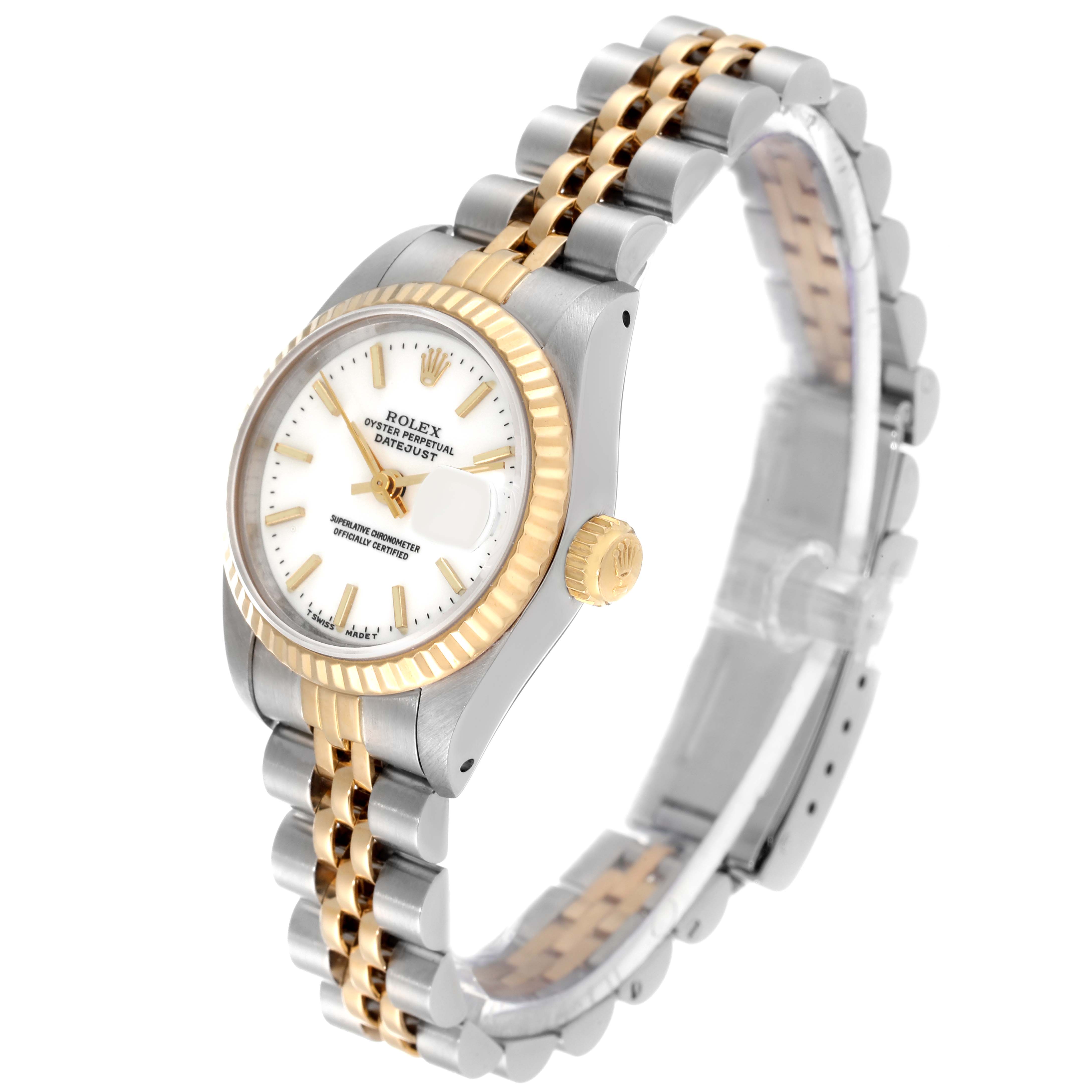 This image shows a Rolex Datejust 69173 Women's Steel and Gold (two tone) White Dial 69173 Women's Steel and Gold (two tone) White Dial watch from a front-side angle, highlighting the bezel, dial, crown, and bracelet.
