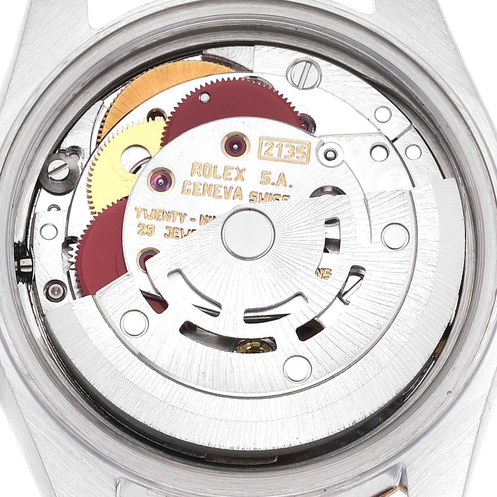 This image shows the back view of the Rolex Datejust 69173 Women's Steel and Gold (two tone) White Dial 69173 Women's Steel and Gold (two tone) White Dial watch, highlighting its intricate internal movement mechanism.