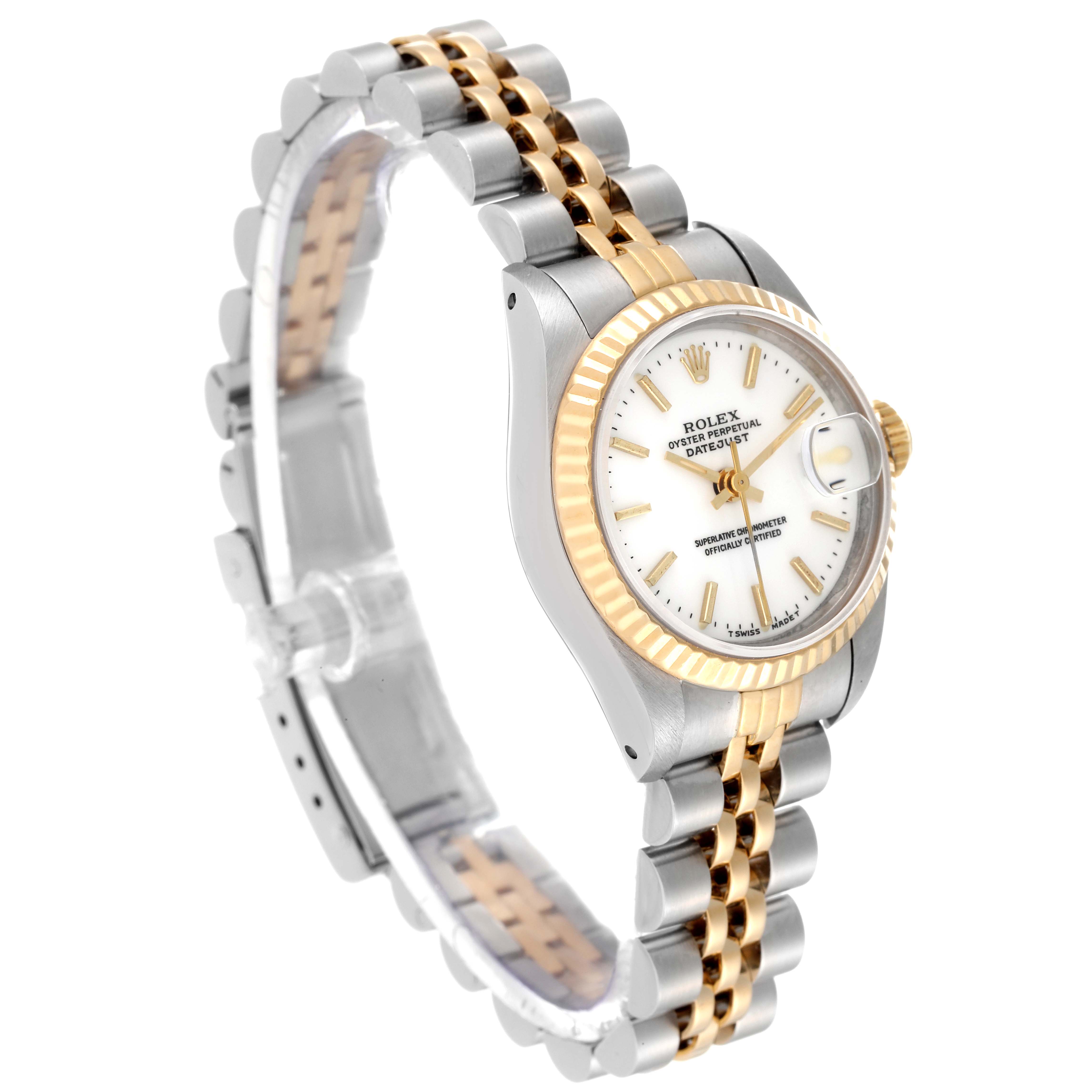 The Rolex Datejust 69173 Women's Steel and Gold (two tone) White Dial 69173 Women's Steel and Gold (two tone) White Dial watch is shown at a three-quarter angle, displaying its face, bezel, and two-tone bracelet.