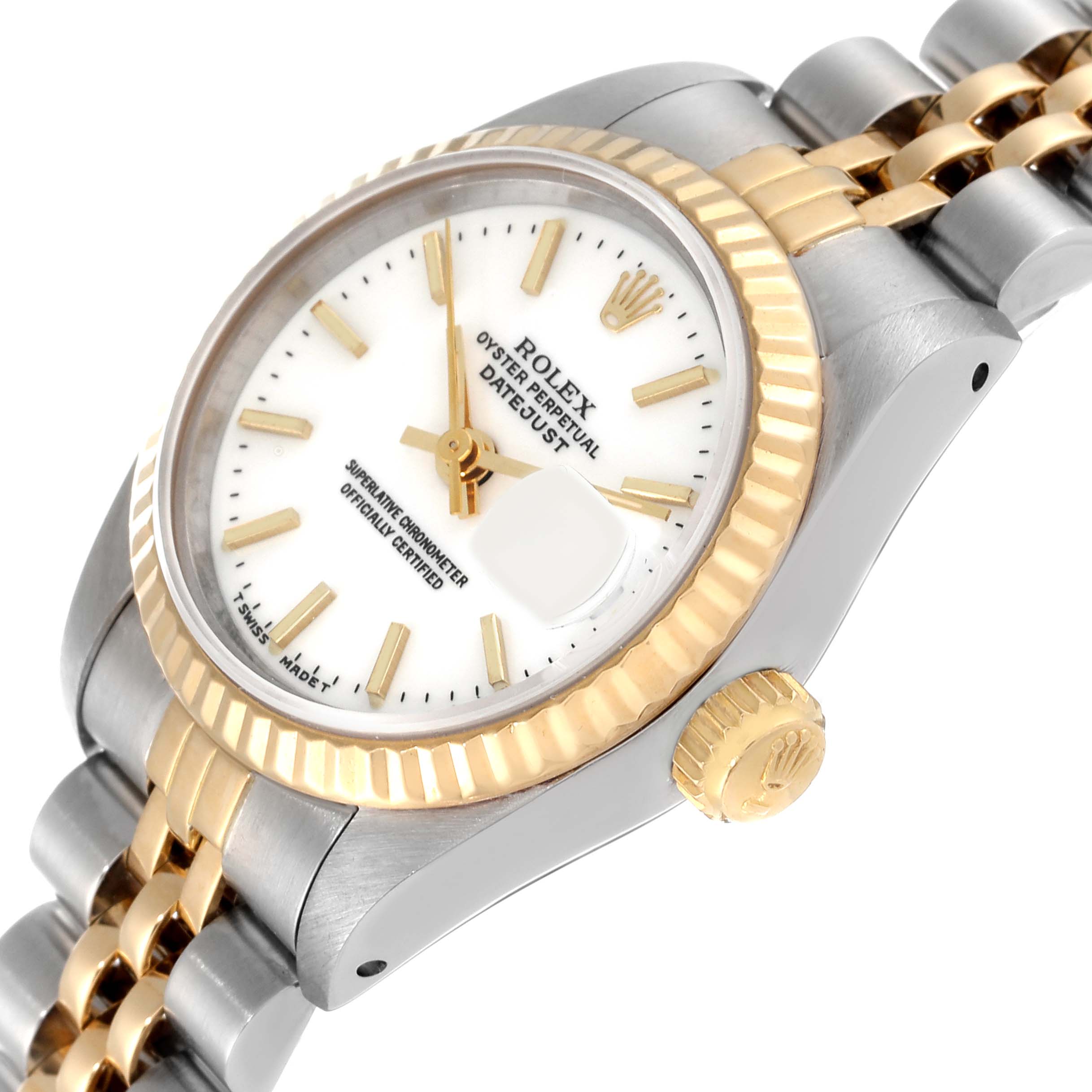 This image shows a close-up, angled view of the face, bezel, and crown of a Rolex Datejust 69173 Women's Steel and Gold (two tone) White Dial 69173 Women's Steel and Gold (two tone) White Dial watch.