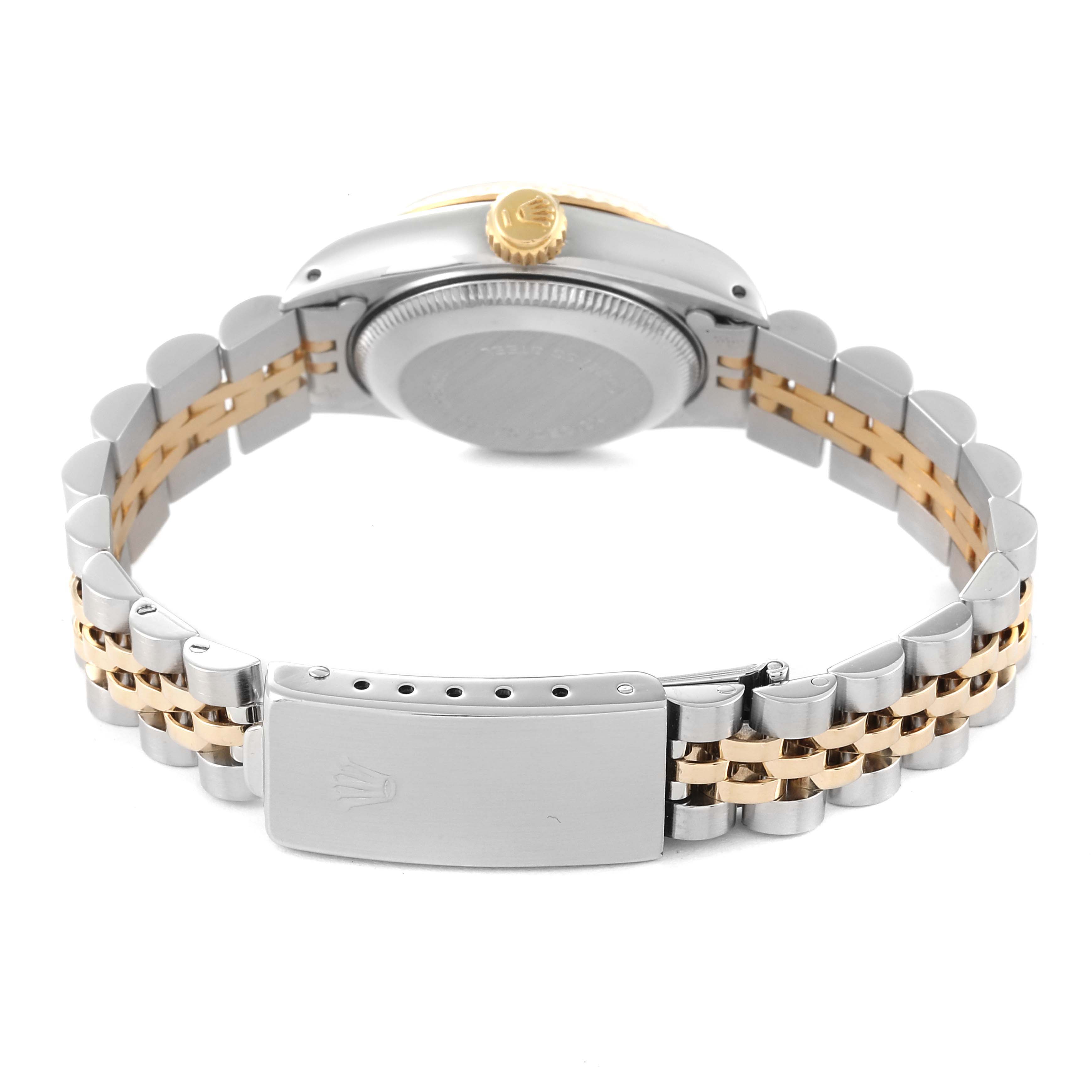 The image shows the back view of a Rolex Datejust 69173 Women's Steel and Gold (two tone) White Dial 69173 Women's Steel and Gold (two tone) White Dial watch, featuring the caseback, crown, and bracelet.