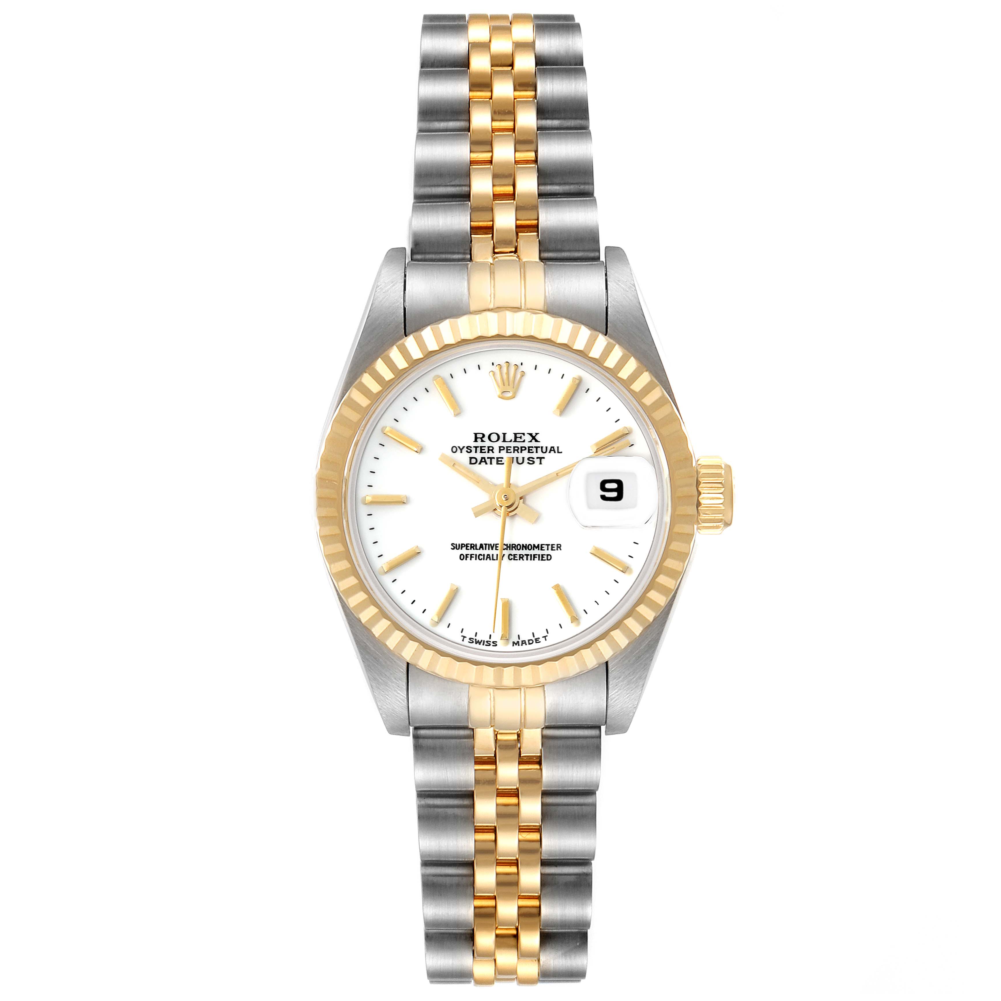 The image shows a front view of a Rolex Datejust 69173 Women's Steel and Gold (two tone) White Dial 69173 Women's Steel and Gold (two tone) White Dial watch, highlighting the dial, bezel, and strap.