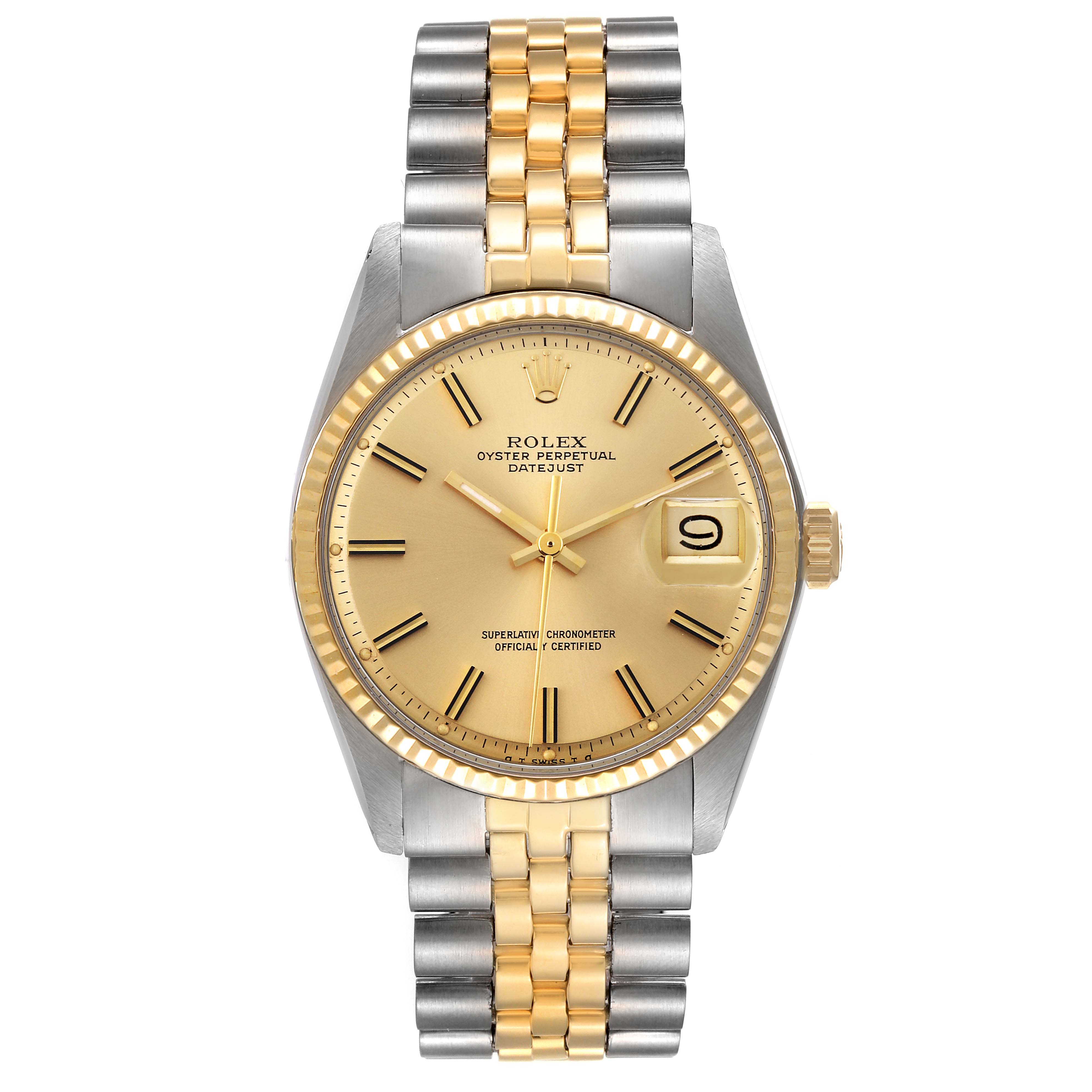 This Rolex Datejust 1601 Men's Steel and Gold (two tone) Champagne Dial 1601 Men's Steel and Gold (two tone) Champagne Dial watch is shown from a straight-on angle, displaying the dial, bezel, and bracelet.