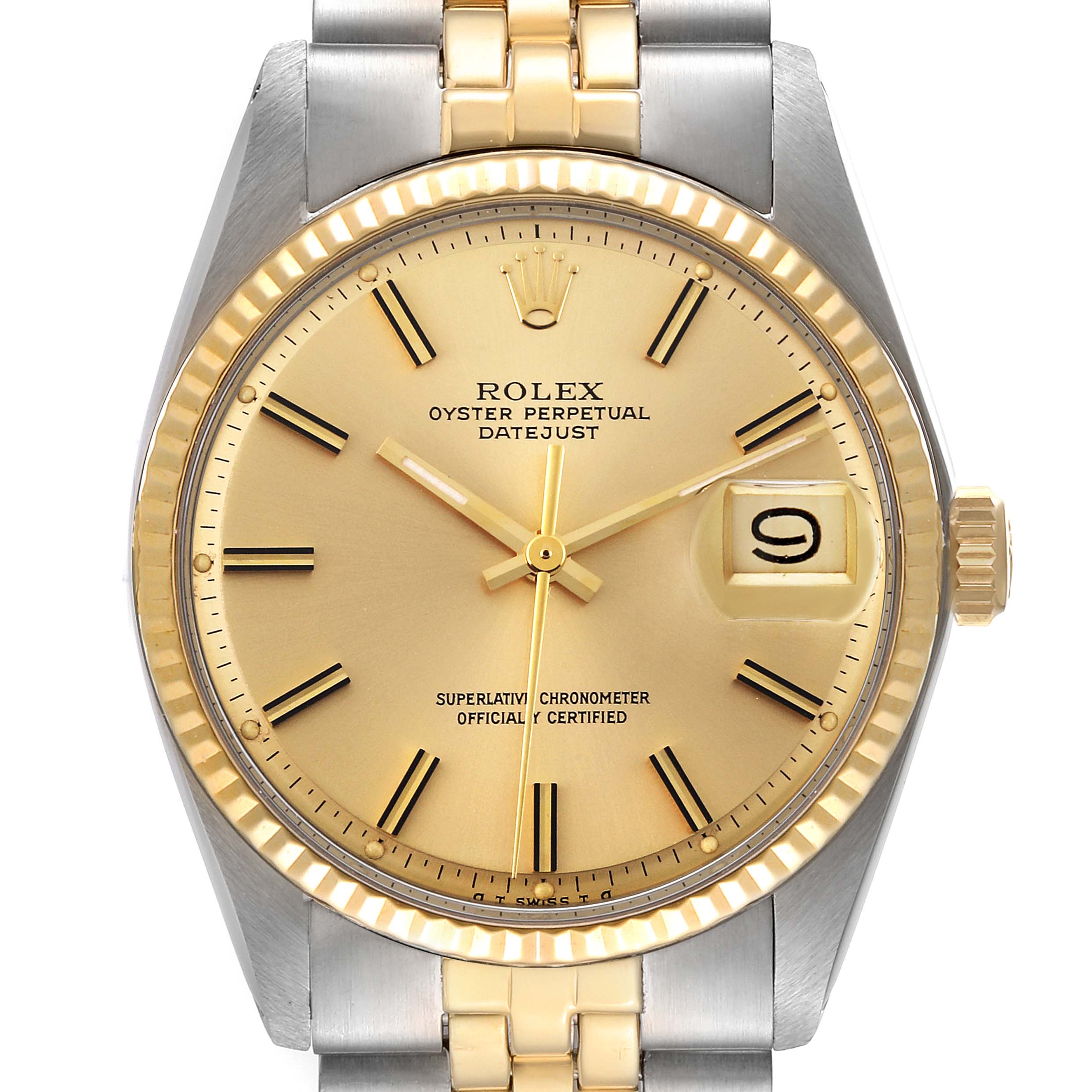 The Rolex Datejust 1601 Men's Steel and Gold (two tone) Champagne Dial 1601 Men's Steel and Gold (two tone) Champagne Dial watch is shown from a straight-on angle, highlighting its face, bezel, and part of the band.