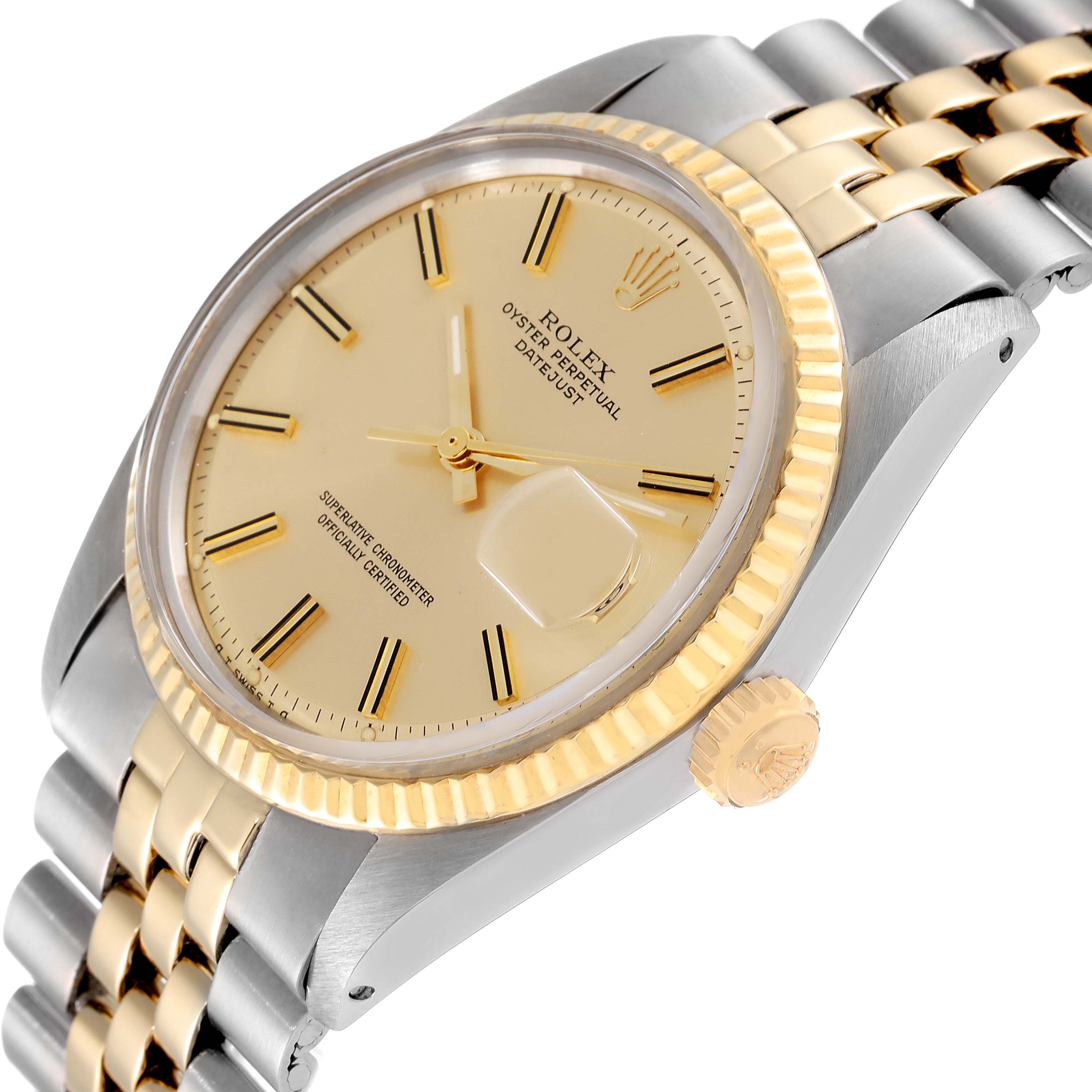 The image shows a close-up of a Rolex Datejust 1601 Men's Steel and Gold (two tone) Champagne Dial 1601 Men's Steel and Gold (two tone) Champagne Dial model, highlighting the dial, bezel, and part of the bracelet.