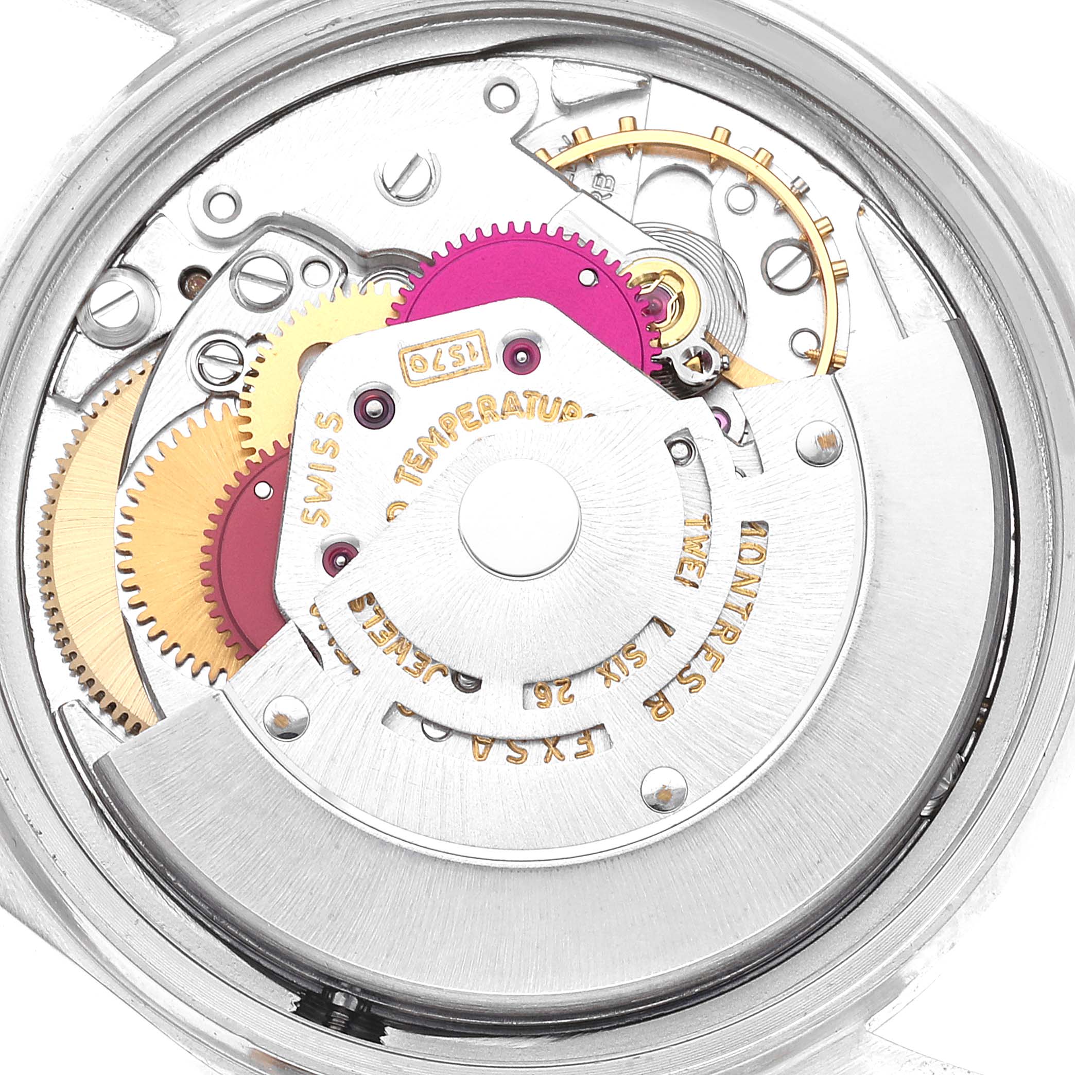 The image shows the movement mechanism of a Rolex Datejust 1601 Men's Steel and Gold (two tone) Champagne Dial 1601 Men's Steel and Gold (two tone) Champagne Dial watch from a back view angle.