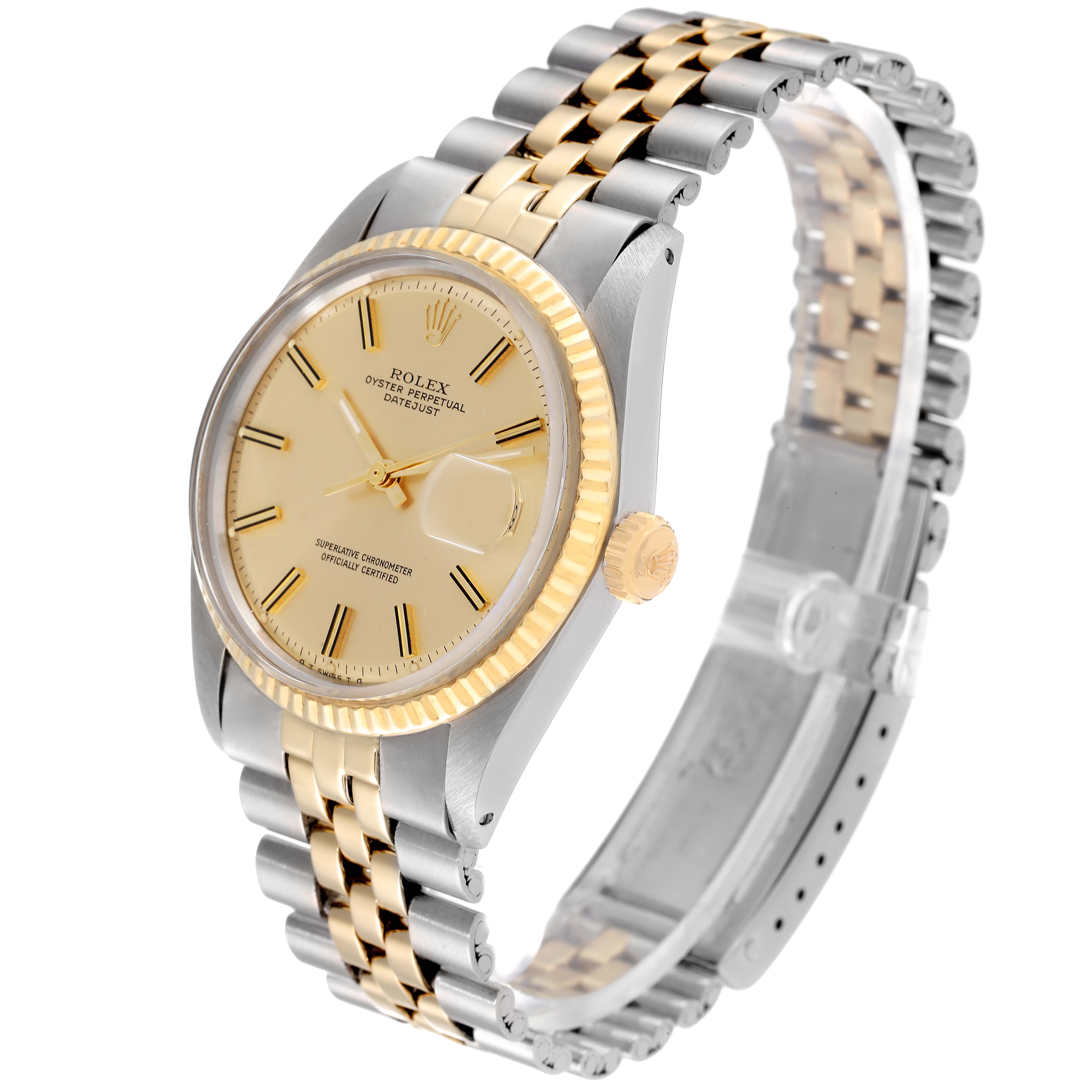 The Rolex Datejust 1601 Men's Steel and Gold (two tone) Champagne Dial 1601 Men's Steel and Gold (two tone) Champagne Dial watch is shown at a three-quarter angle, highlighting the two-tone bracelet, crown, and face.