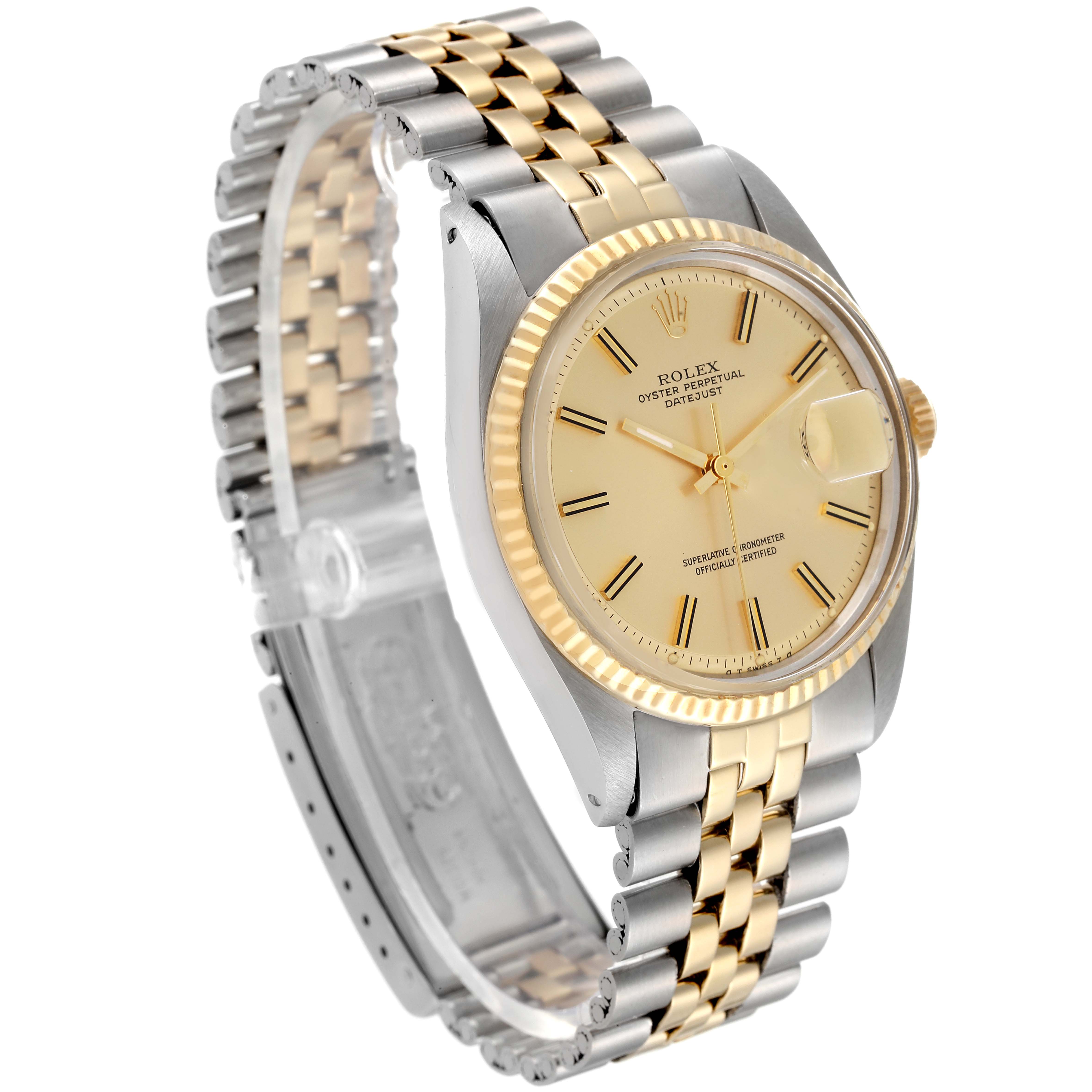 This image shows a Rolex Datejust 1601 Men's Steel and Gold (two tone) Champagne Dial 1601 Men's Steel and Gold (two tone) Champagne Dial watch at a three-quarter angle, highlighting the bezel, dial, and Jubilee bracelet.