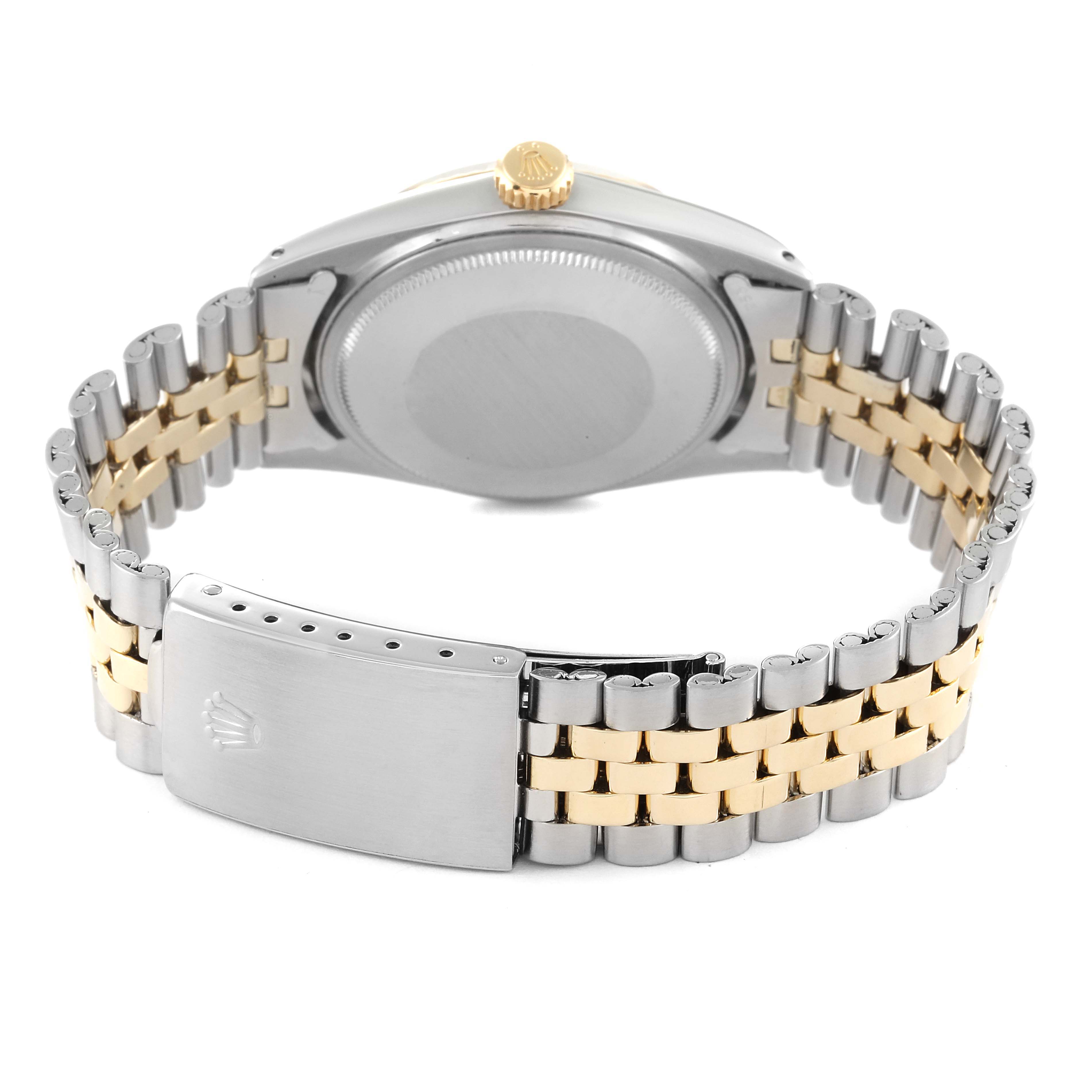 This is the back view of a Rolex Datejust 1601 Men's Steel and Gold (two tone) Champagne Dial 1601 Men's Steel and Gold (two tone) Champagne Dial watch, showing the stainless steel and gold Jubilee bracelet and clasp.