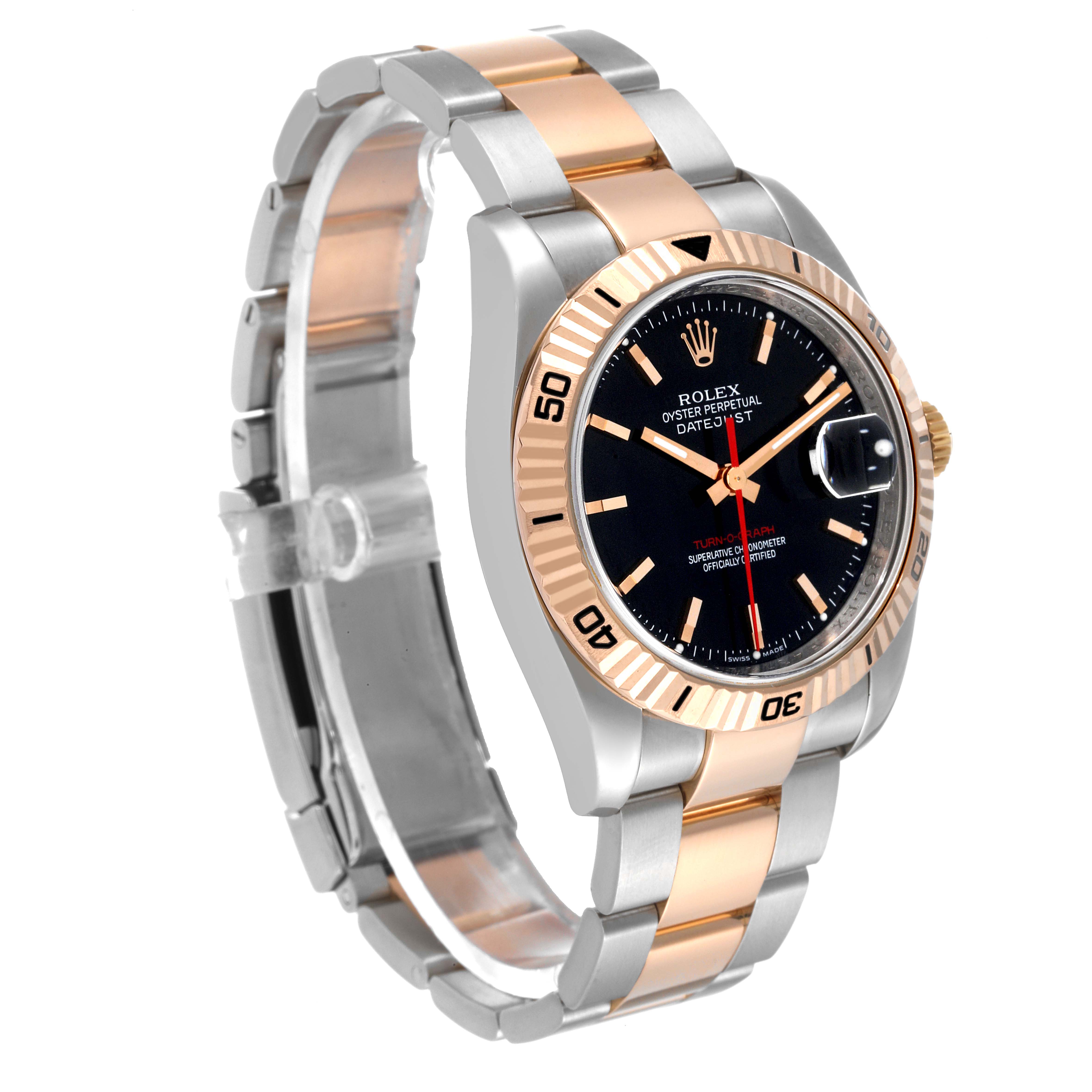 The Rolex Turn-o-Graph 116261 Men's Steel and Gold (two tone) Black Dial 116261 Men's Steel and Gold (two tone) Black Dial watch is shown at a three-quarter angle, highlighting its steel and gold bracelet, black dial, and fluted bezel.