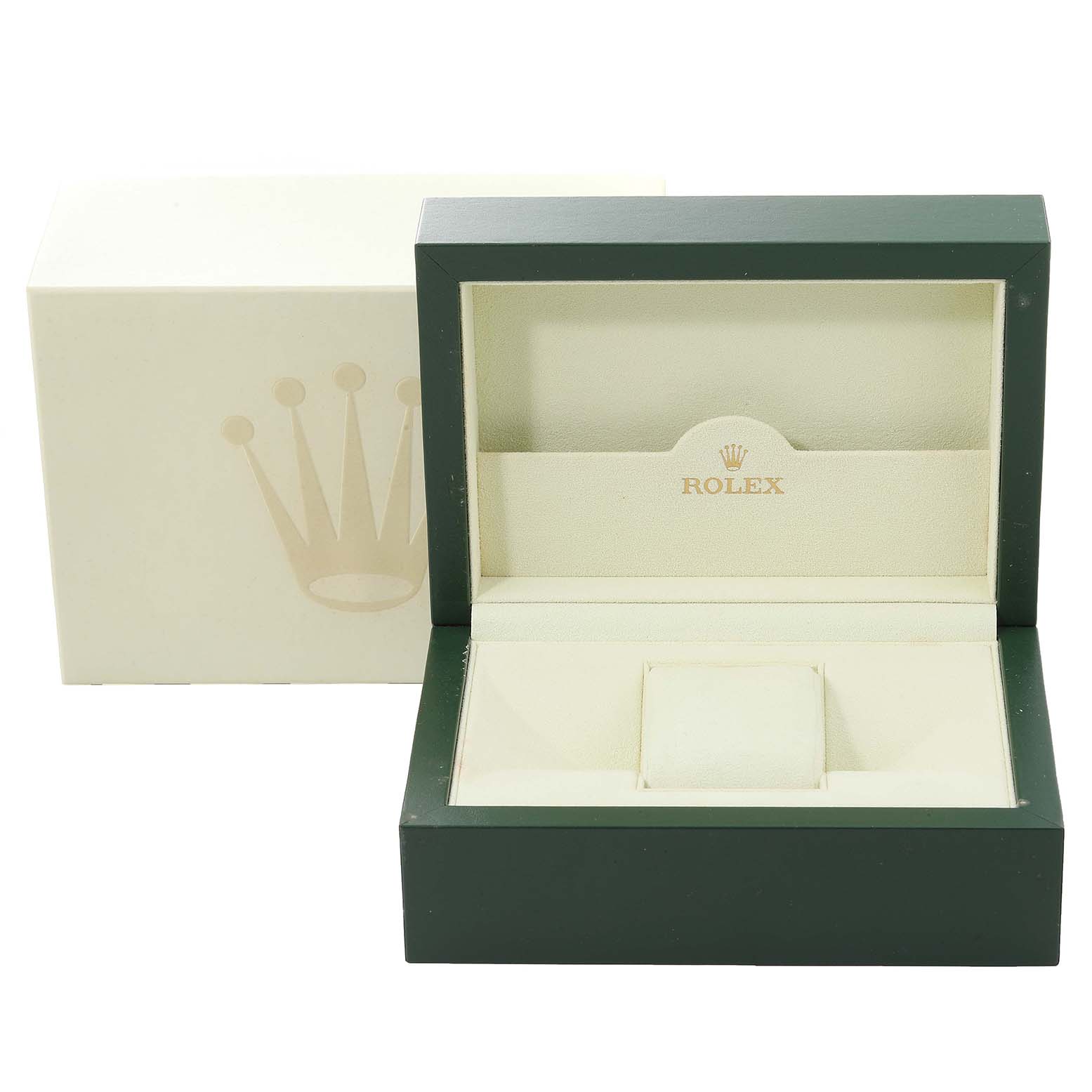 The image shows an open presentation box and outer box for the Rolex Turn-o-Graph 116261 Men's Steel and Gold (two tone) Black Dial 116261 Men's Steel and Gold (two tone) Black Dial model, featuring the brand's logo on the inner lining.