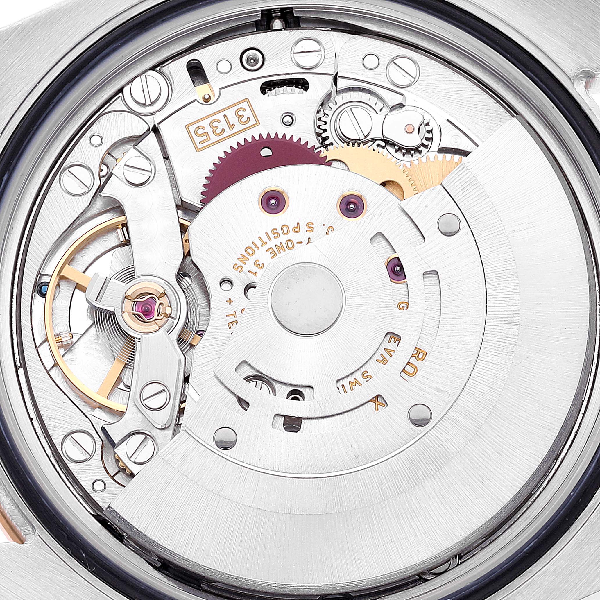This image shows a close-up of the movement and internal mechanism of a Rolex Turn-o-Graph 116261 Men's Steel and Gold (two tone) Black Dial 116261 Men's Steel and Gold (two tone) Black Dial watch, viewed from the back.
