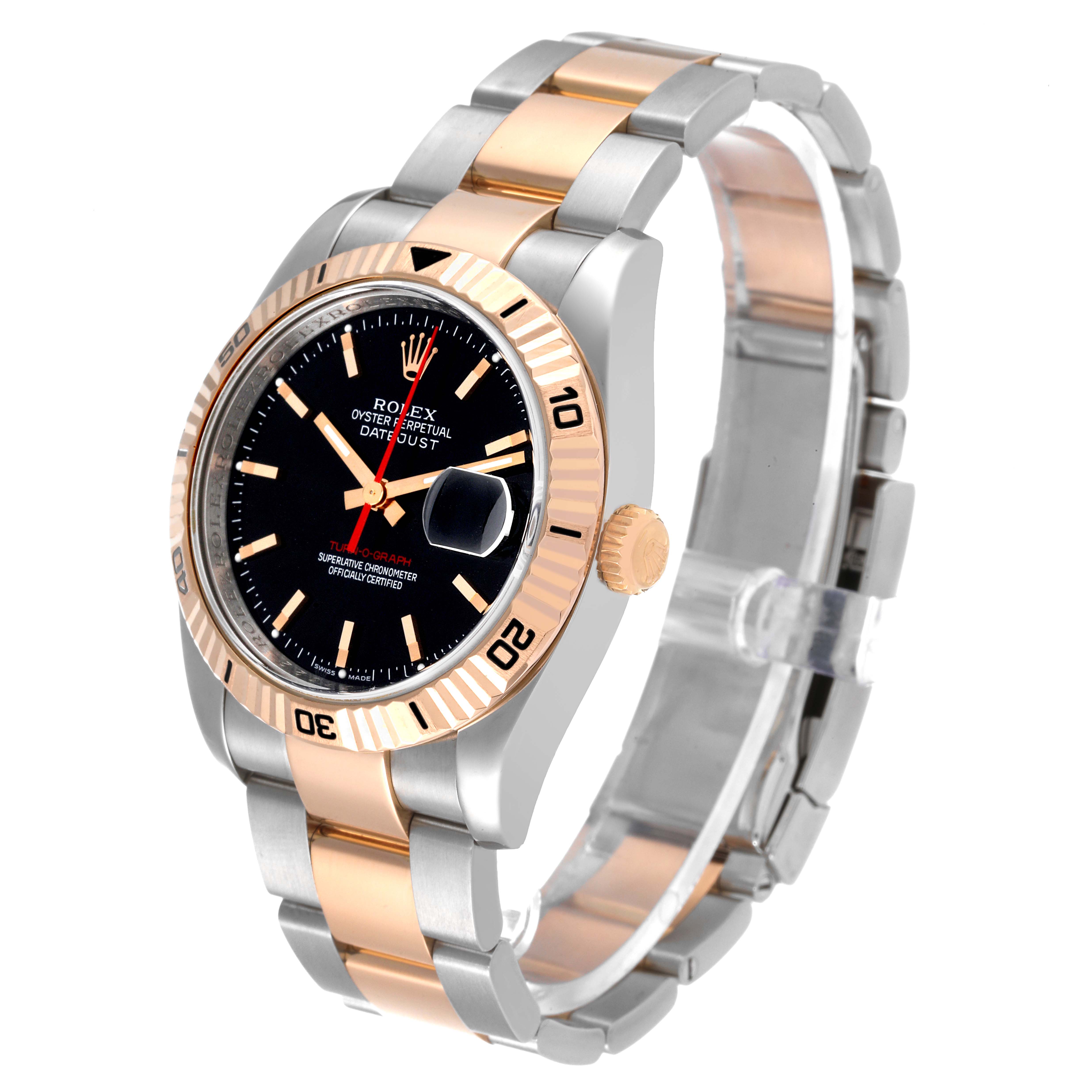 The image shows a Rolex Turn-o-Graph 116261 Men's Steel and Gold (two tone) Black Dial 116261 Men's Steel and Gold (two tone) Black Dial watch with a black dial, two-tone band, and numbered bezel from a front-side angle.