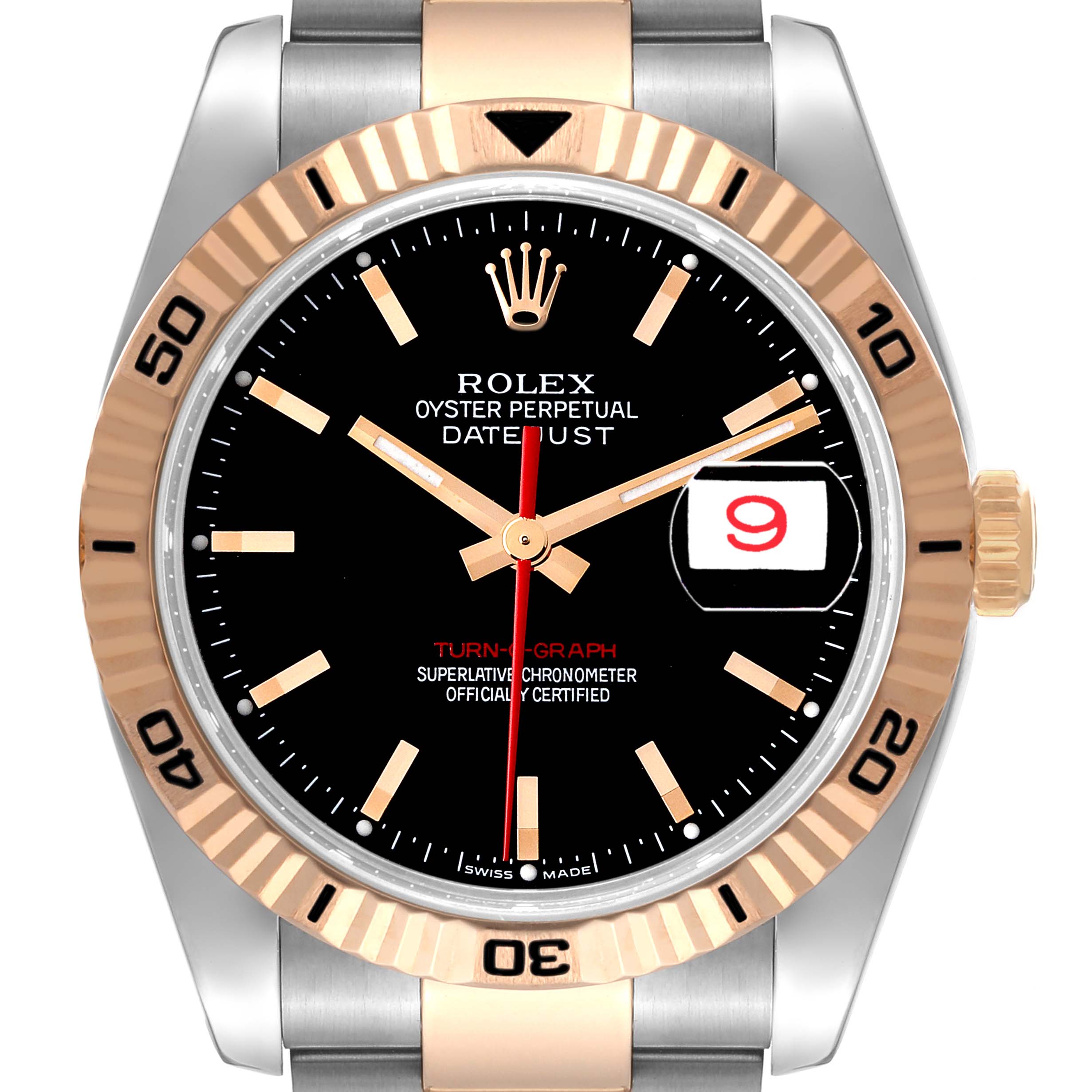 The image shows a front view of a Rolex Turn-o-Graph 116261 Men's Steel and Gold (two tone) Black Dial 116261 Men's Steel and Gold (two tone) Black Dial watch displaying the bezel, dial, hands, and crown.