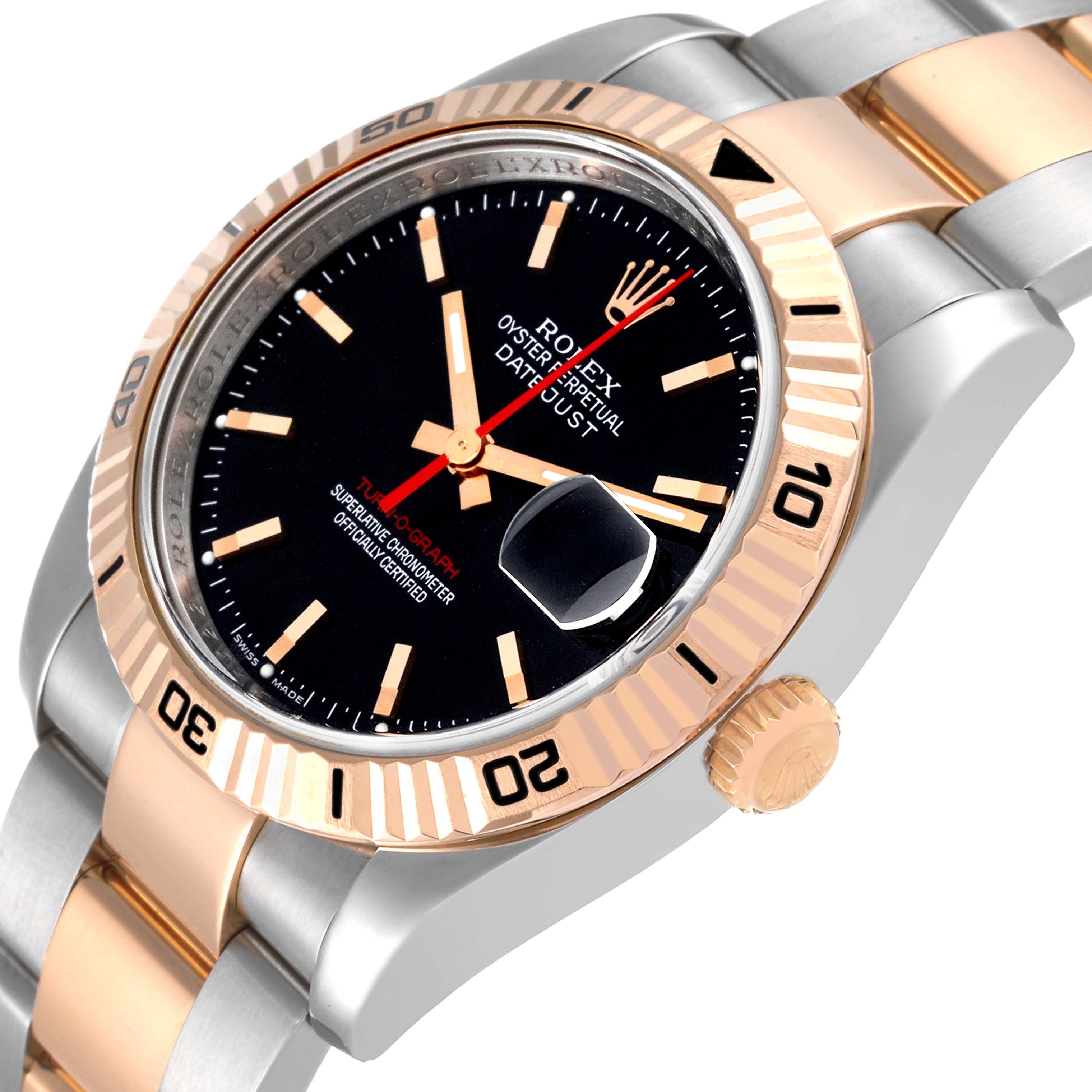 The image shows a close-up of the Rolex Turn-o-Graph 116261 Men's Steel and Gold (two tone) Black Dial 116261 Men's Steel and Gold (two tone) Black Dial watch, displaying the crown, bezel, and part of the dial and bracelet.