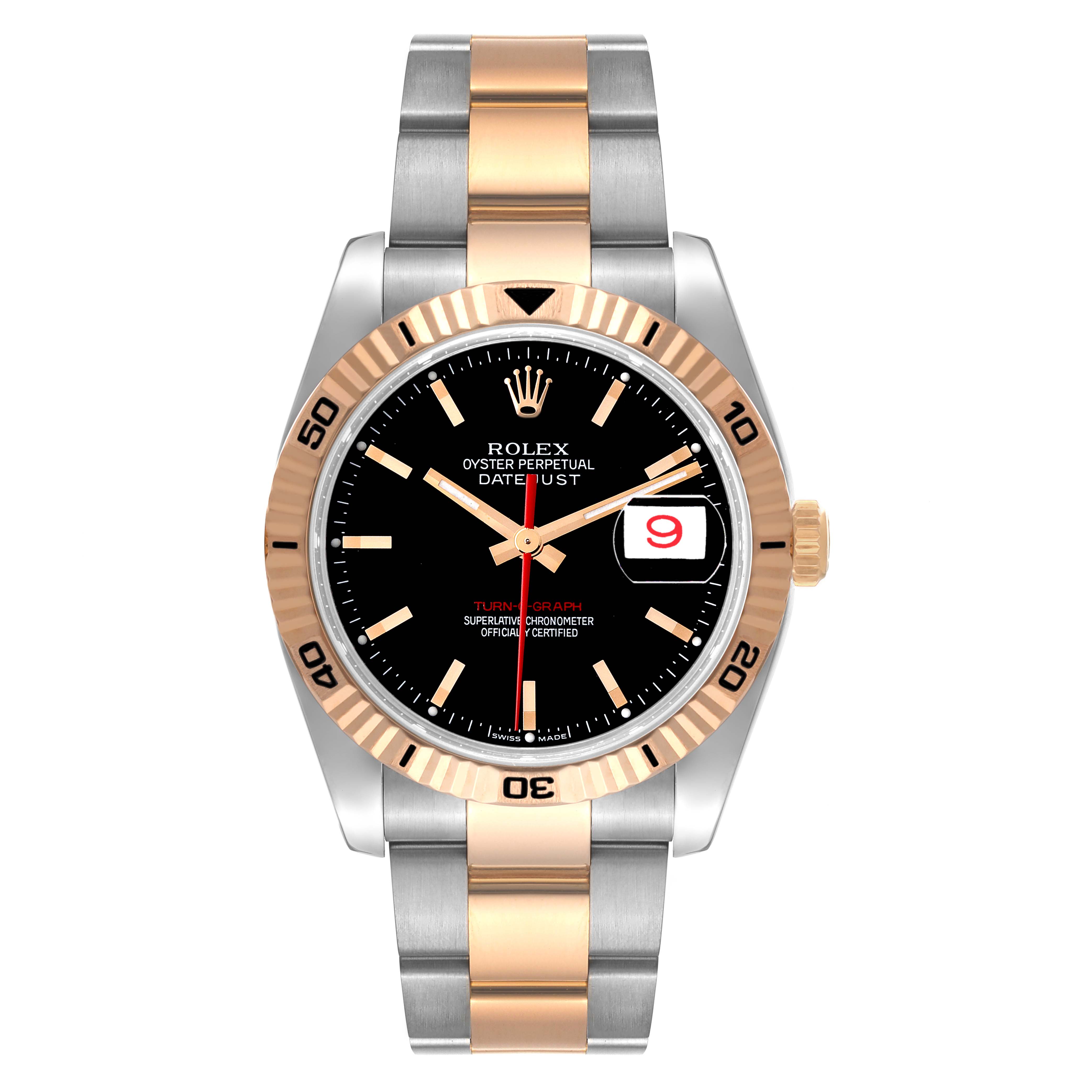 The image shows a front view of a Rolex Turn-o-Graph 116261 Men's Steel and Gold (two tone) Black Dial 116261 Men's Steel and Gold (two tone) Black Dial watch with a two-tone bracelet and black dial.